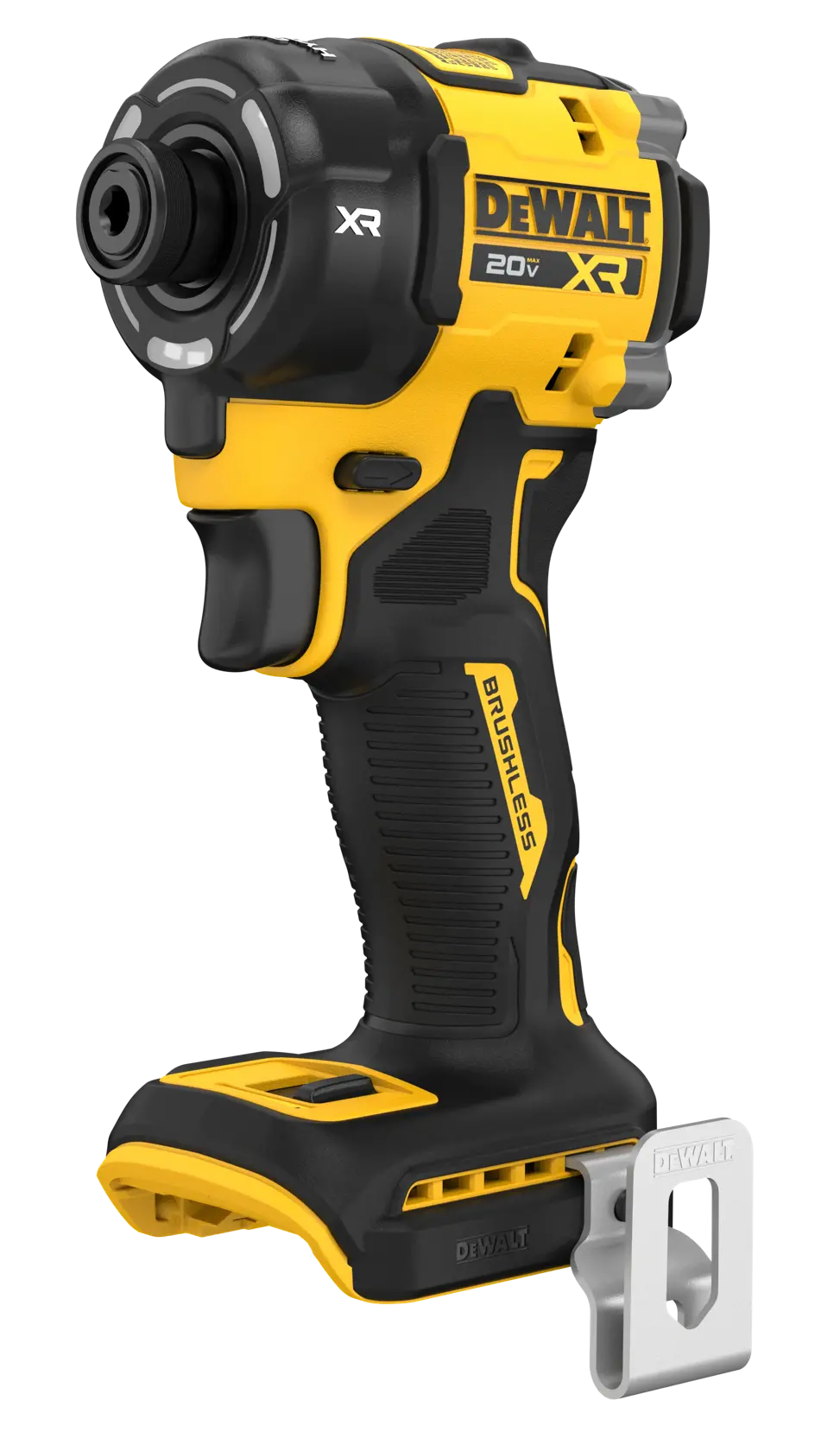 A cordless yellow and black DEWALT 20V XR brushless impact driver with a metal belt clip attached.