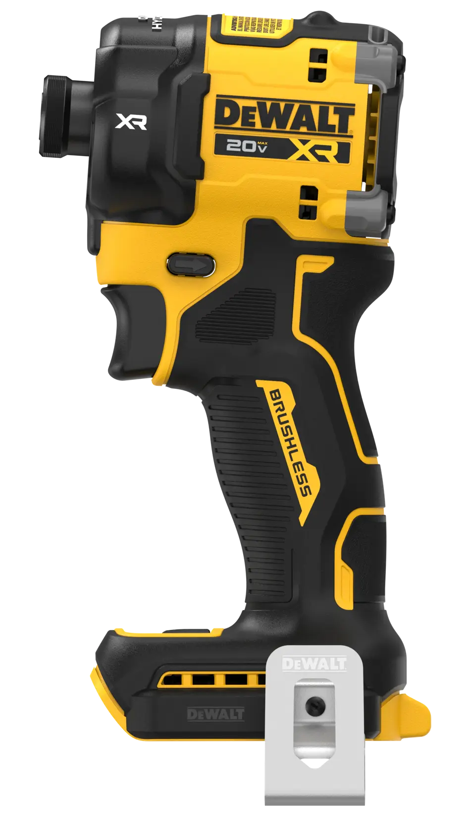 A DEWALT 20V XR cordless brushless impact wrench with a yellow and black body, seen from the side. The tool has branding and labeling visible, and is shown without a battery installed.
