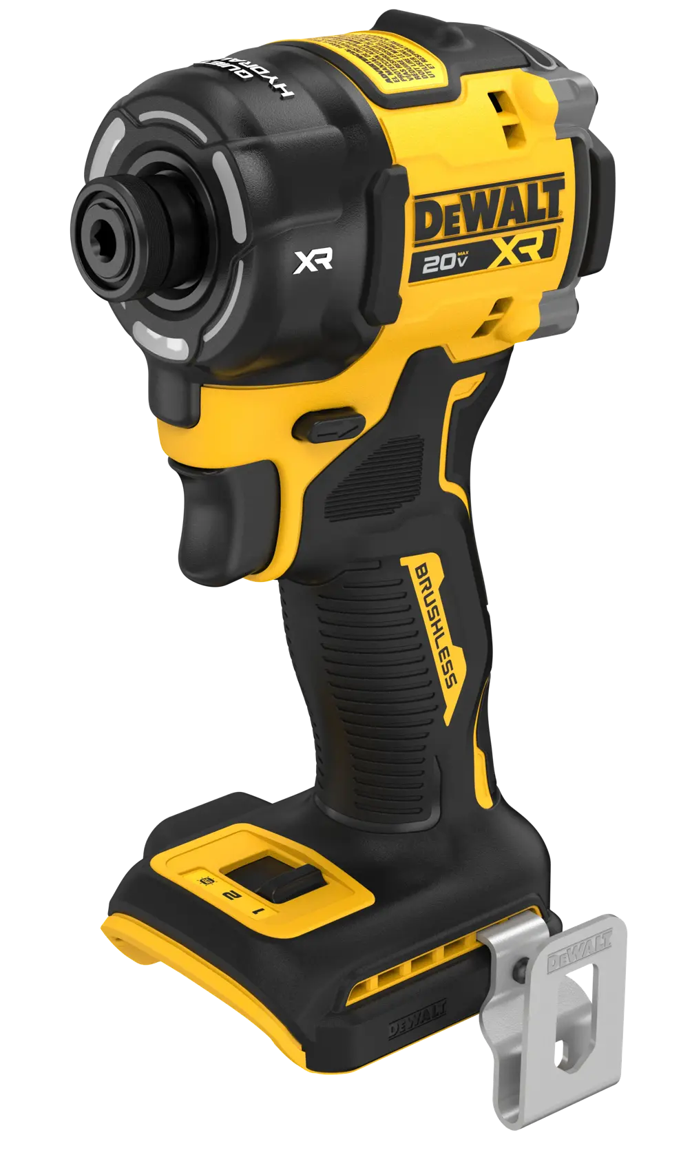 A cordless DEWALT 20V XR brushless impact driver, shown without a battery attached. The tool is black and yellow with a metal belt clip on the base.