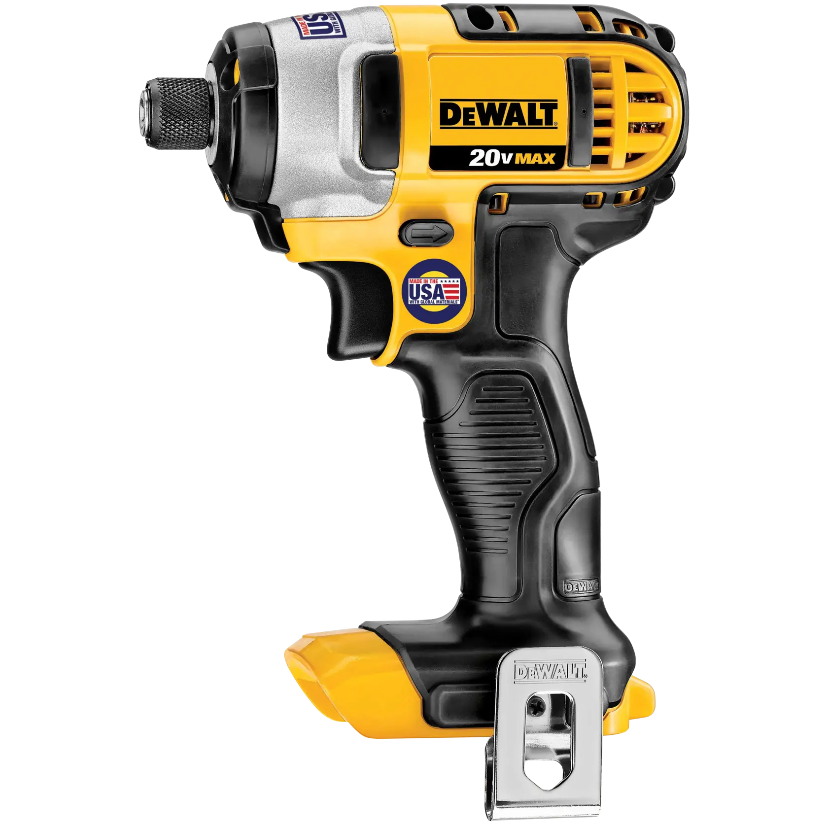 A DEWALT 20V MAX cordless impact driver with a black and yellow body, labeled 'USA' and featuring a metal belt clip. The tool is designed for tightening or loosening screws and bolts.