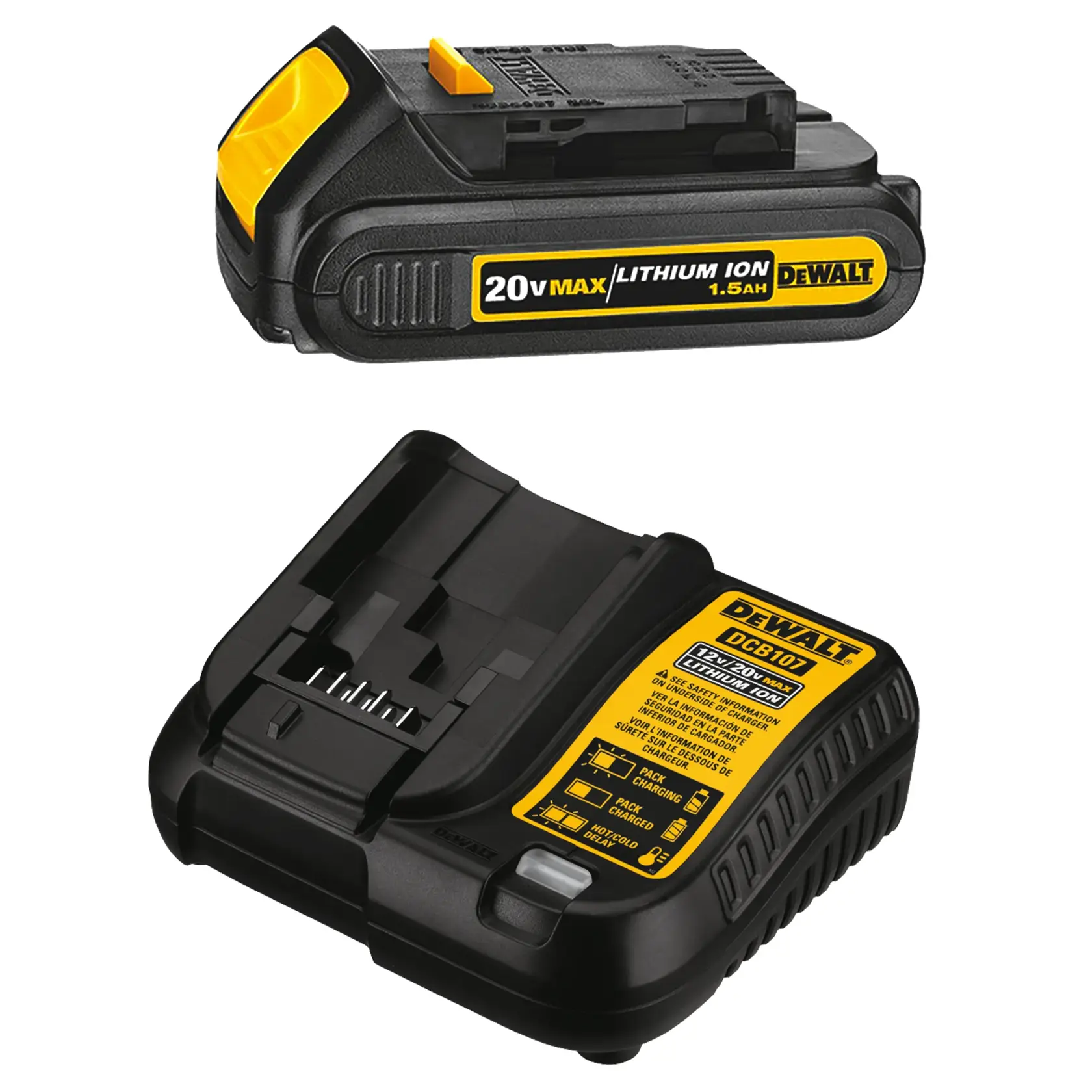 Kit de tournevis à impact sans fil DEWALT 20V MAX, comprenant un sac de transport DEWALT jaune et noir, un chargeur de batterie et un tournevis à impact alimenté par une batterie lithium-ion. Le sac comporte une étiquette indiquant 'Cet outil est fièrement fabriqué aux États-Unis avec des matériaux mondiaux.'