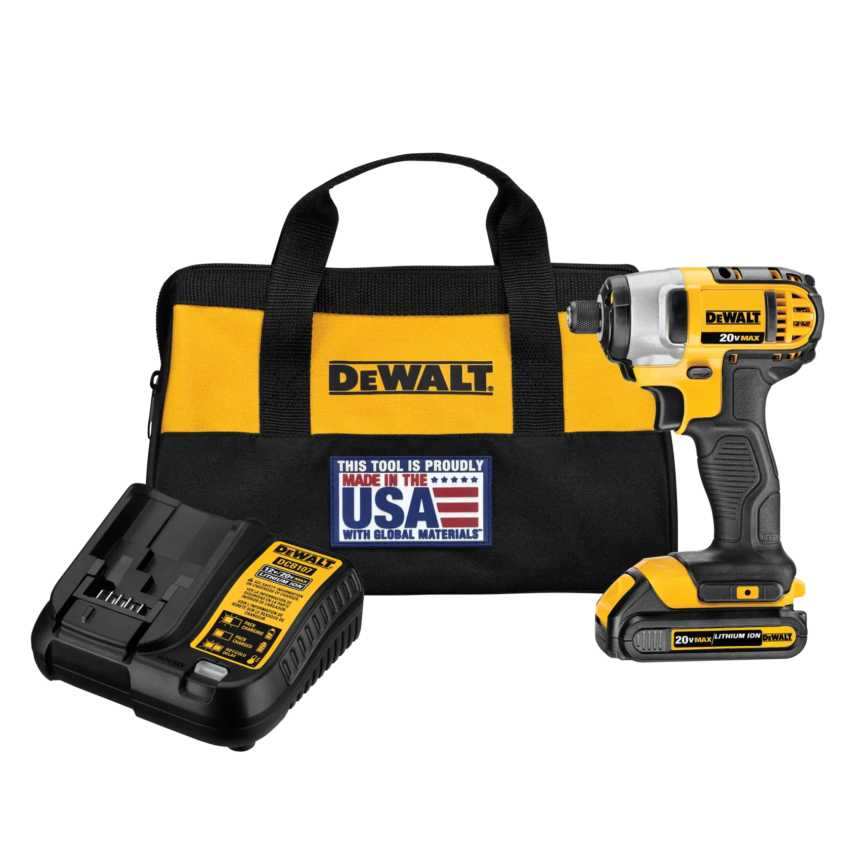 DEWALT 20V MAX cordless impact driver kit, including a yellow and black DEWALT-branded carrying bag, a battery charger, and a lithium-ion battery-powered impact driver. The bag features a label stating 'This tool is proudly made in the USA with global materials.'