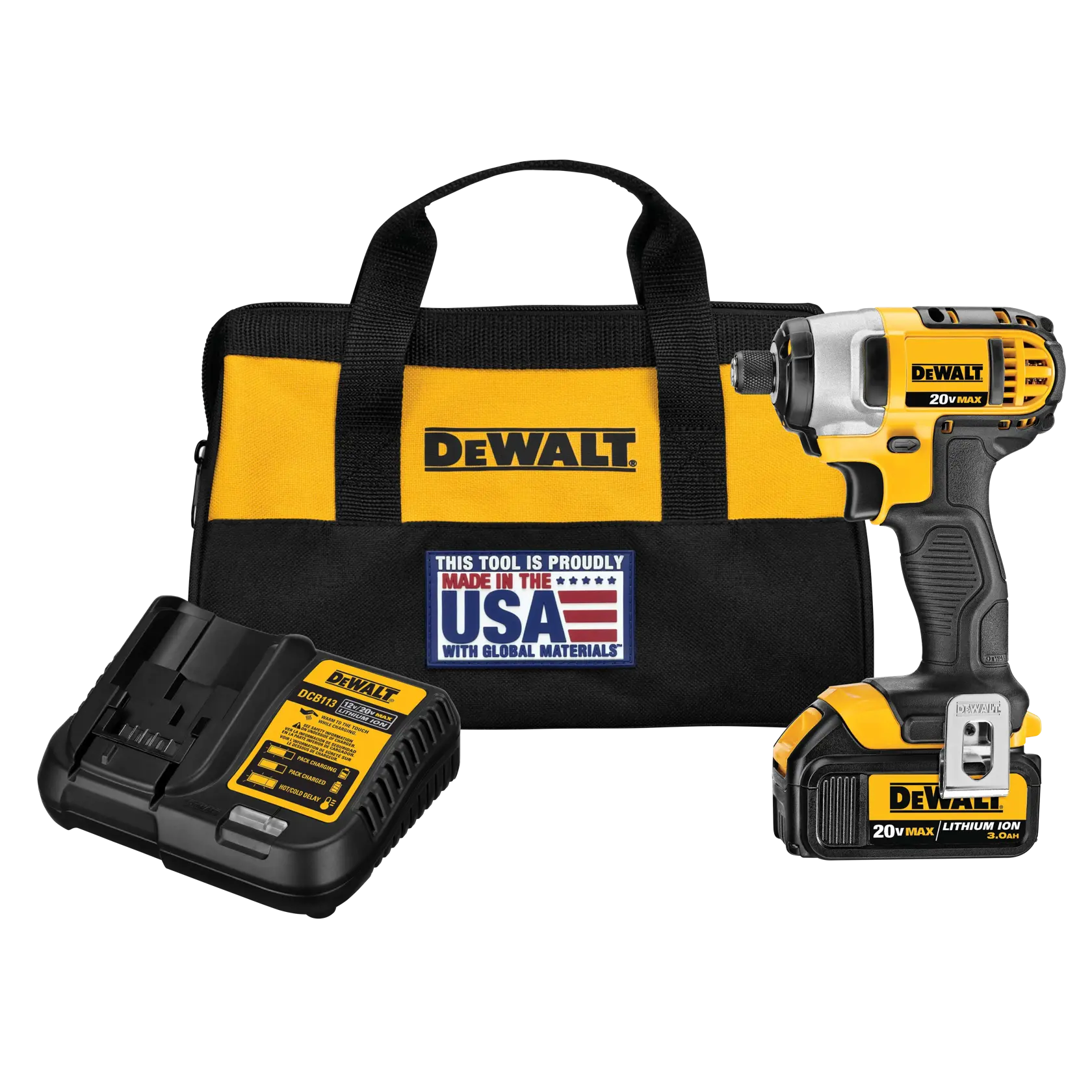 DEWALT cordless impact driver kit with a black and yellow carrying bag, a battery charger, and a 20V lithium-ion battery. The bag displays the DEWALT logo and a label stating 'Made in the USA with global materials.'