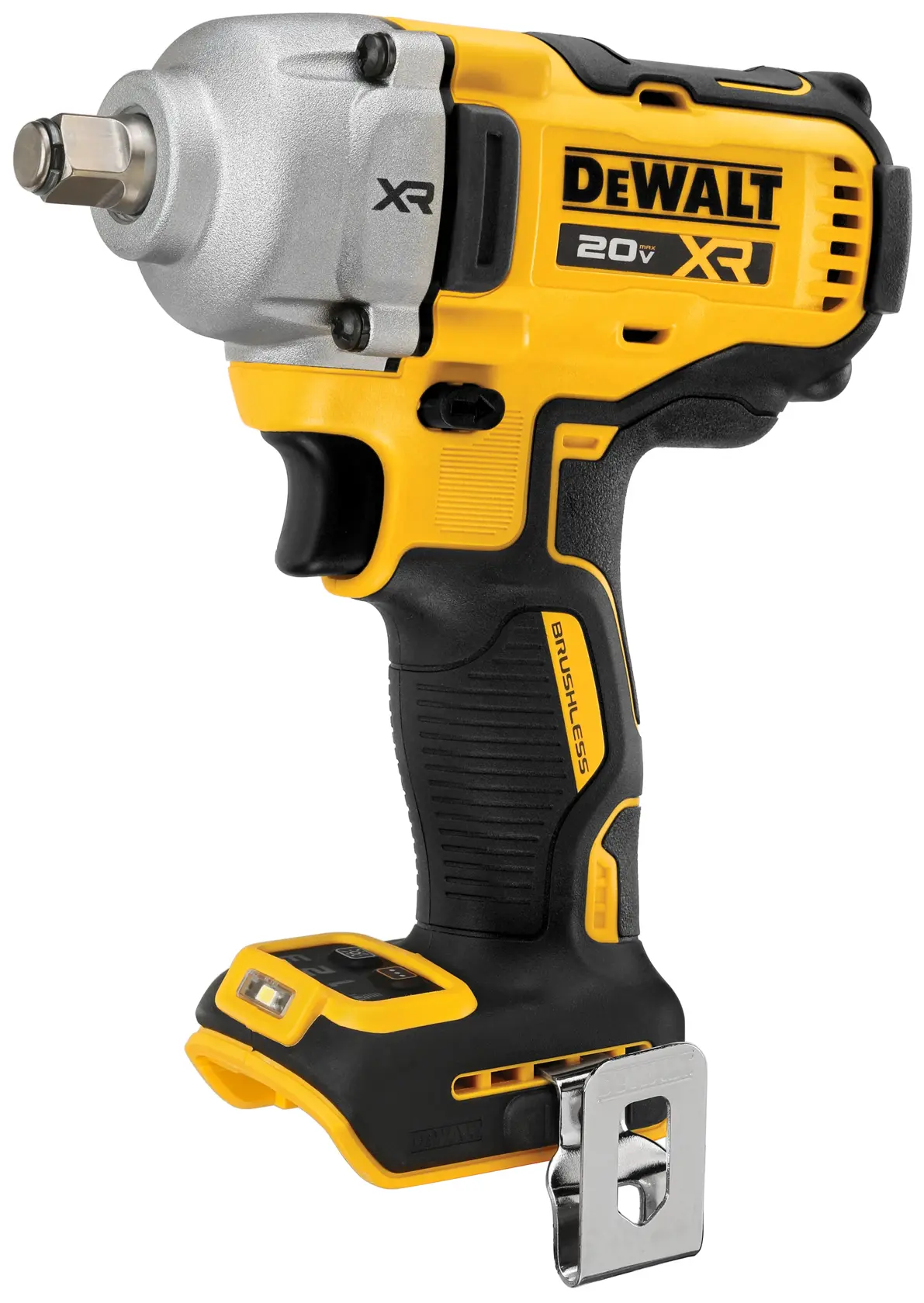 A DEWALT 20V XR cordless impact wrench, shown in yellow and black with a metal clip on the base. The tool features a brushless motor and is designed for heavy-duty fastening applications.