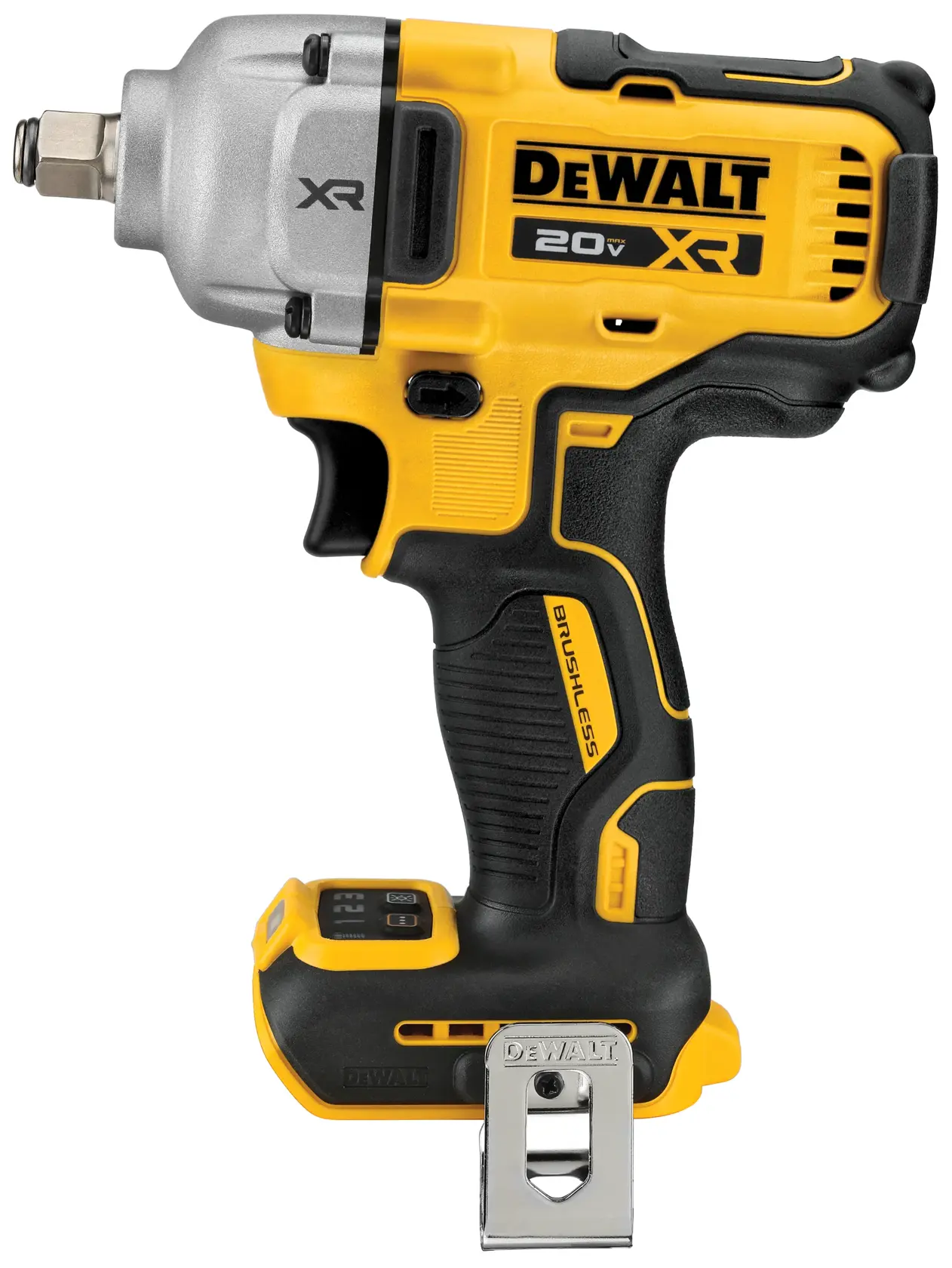 A DEWALT 20V XR cordless brushless impact wrench, shown in yellow and black, with a metal belt clip attached at the base.