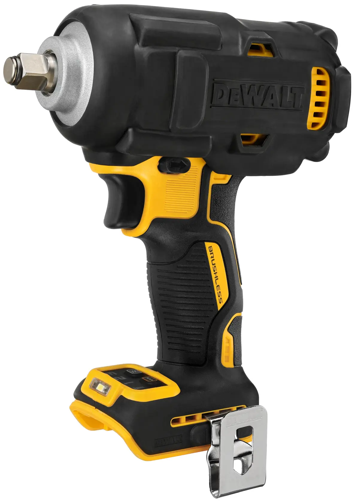 A DEWALT cordless impact wrench with a black and yellow design, shown without a battery, featuring a brushless motor and a metal belt clip.