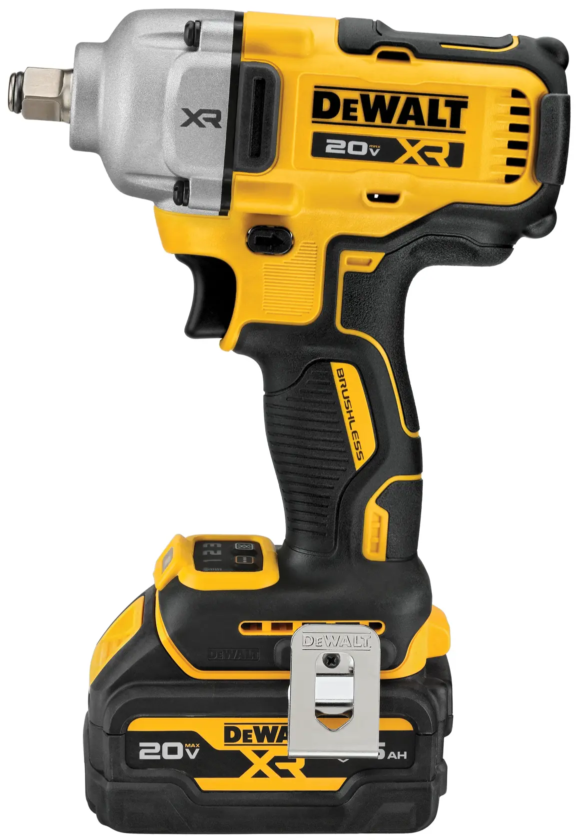 A DEWALT 20V XR cordless impact wrench with a brushless motor, featuring a black and yellow design and a rechargeable battery attached at the base.