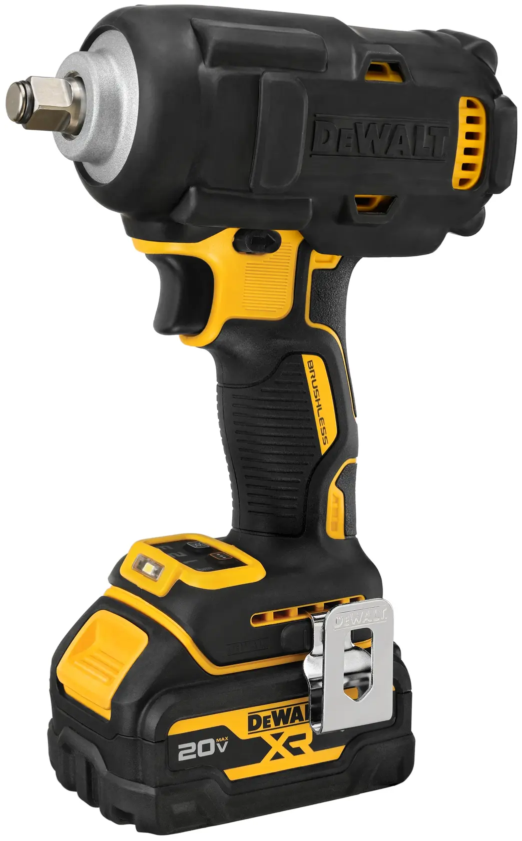 A DeWALT 20V XR cordless impact wrench with a brushless motor, featuring a black and yellow design, shown upright on a white background.