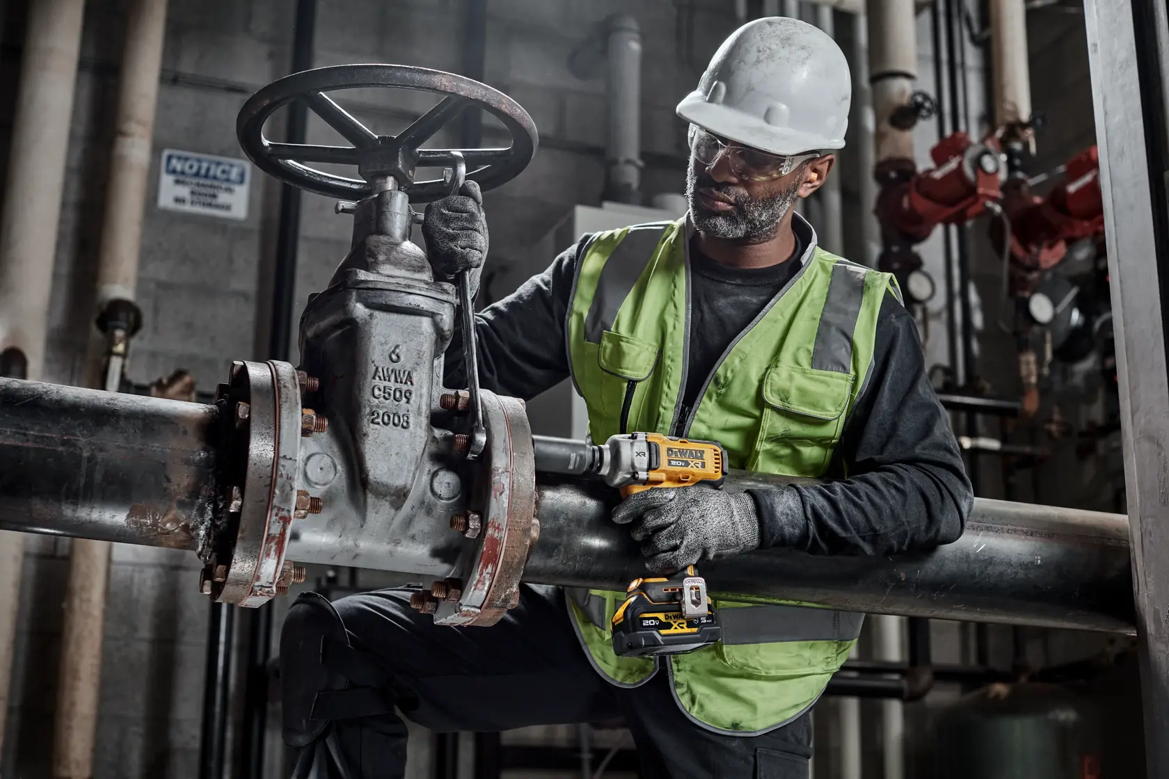 A worker wearing safety gear, including a hard hat, gloves, and a reflective vest, uses a DEWALT power tool on a large industrial valve in a facility with pipes.
