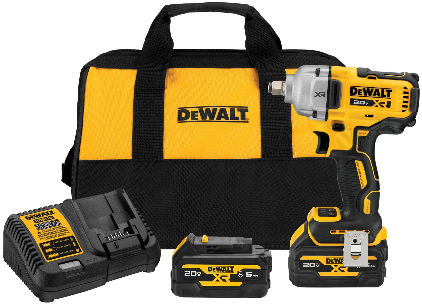 A DEWALT 20V XR cordless impact wrench kit, including a yellow and black carrying bag, a battery charger, two rechargeable batteries, and the impact wrench tool.