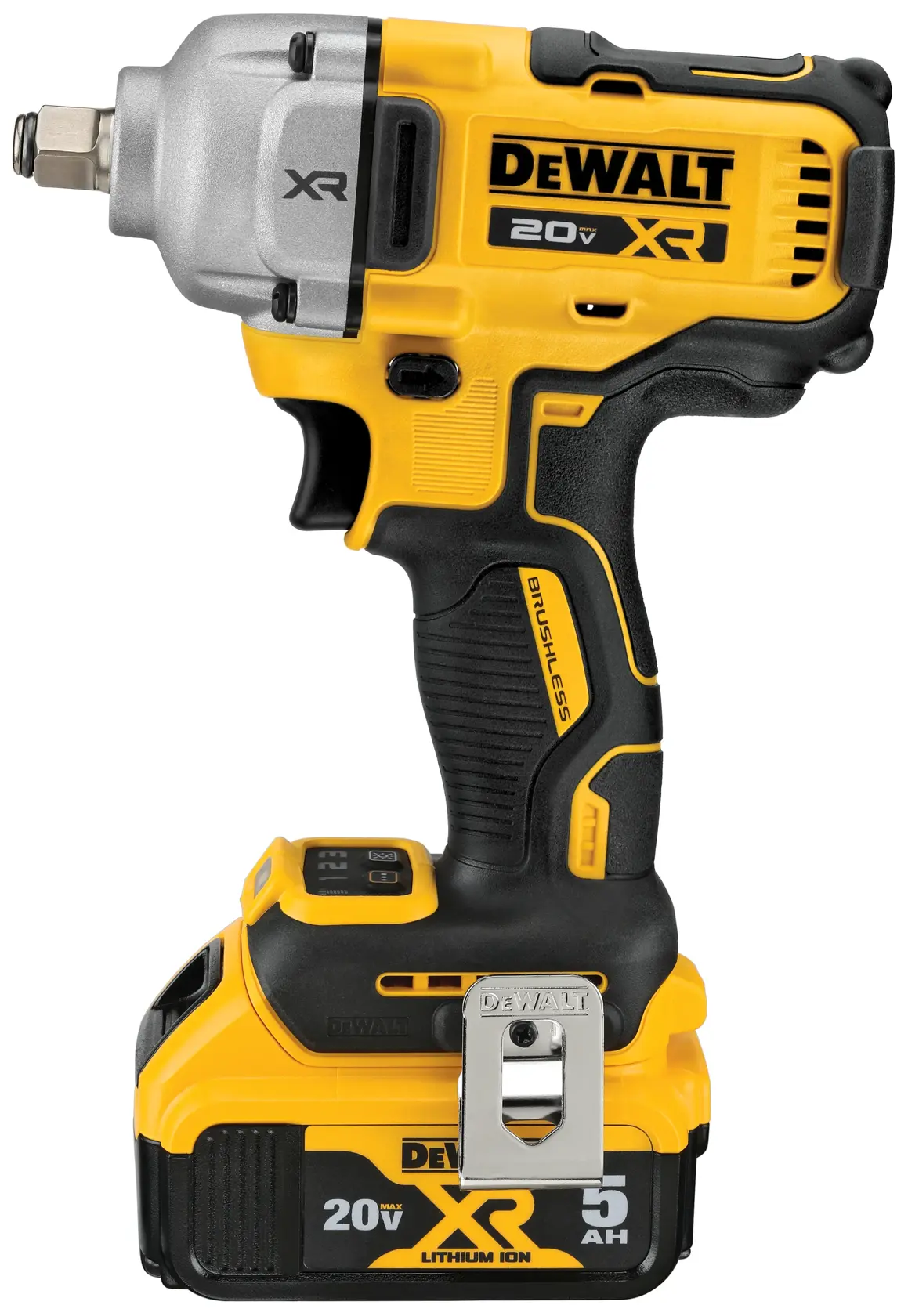 A DEWALT 20V XR cordless impact wrench being used by a person wearing gloves to fasten a bolt into a metal structure. The text highlights '600 ft-lbs MAX FASTENING TORQUE'.