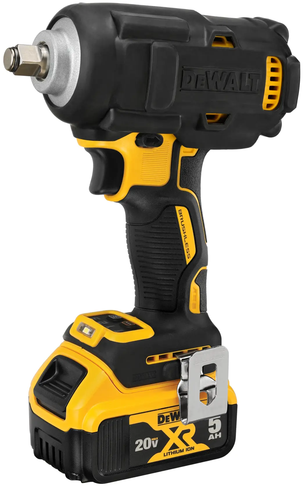 A worker in protective gloves uses a DEWALT 20V XR cordless impact wrench DCF891P2 to loosen a rusted bolt on industrial machinery. Text on the image highlights 800 ft-lbs max breakaway torque, and notes that the battery is sold separately.