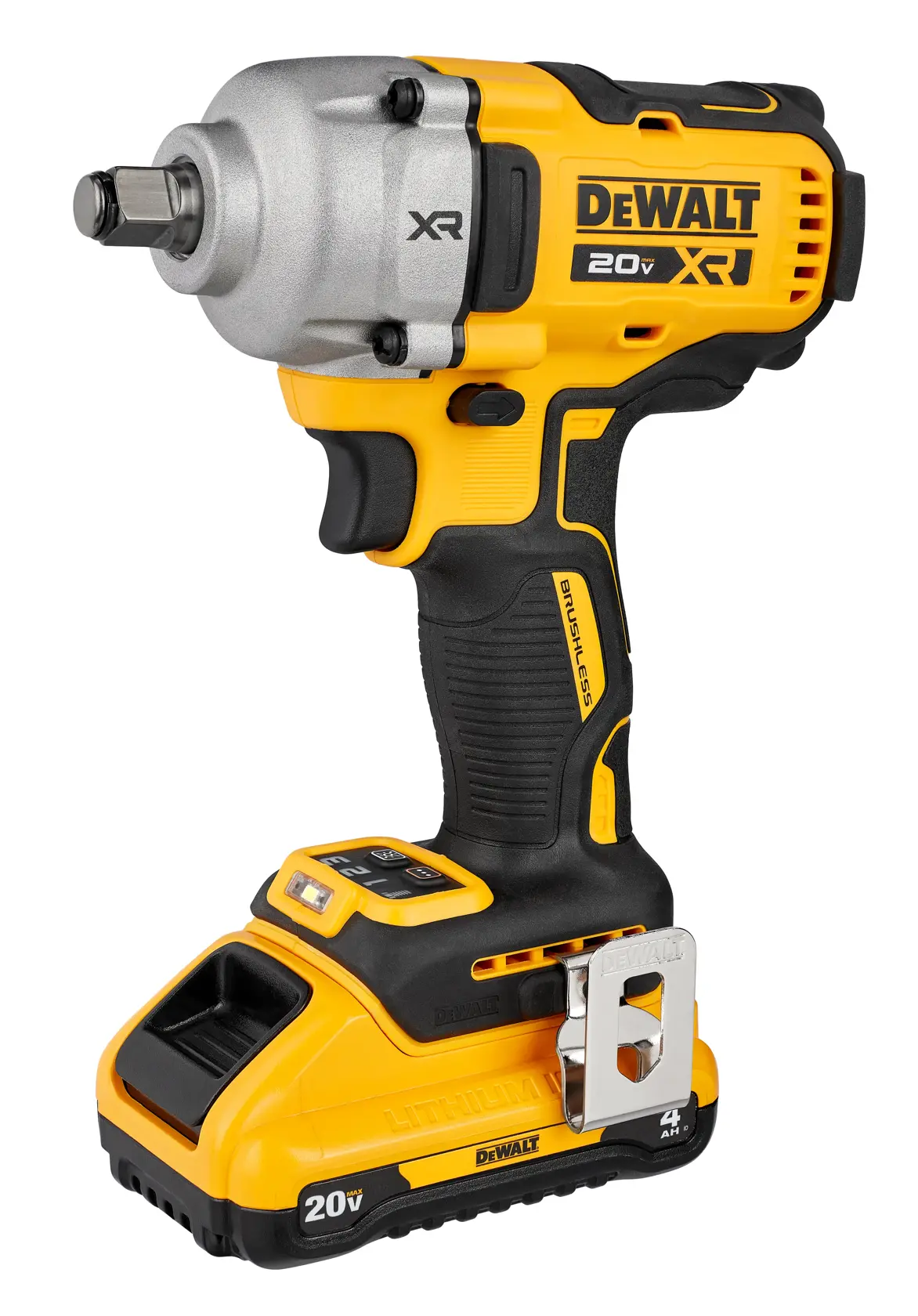 A person wearing protective gloves uses a DEWALT 20V XR impact wrench to loosen a large rusted bolt. The text on the image highlights '800 ft-lbs MAX BREAKAWAY TORQUE.' The battery is sold separately.