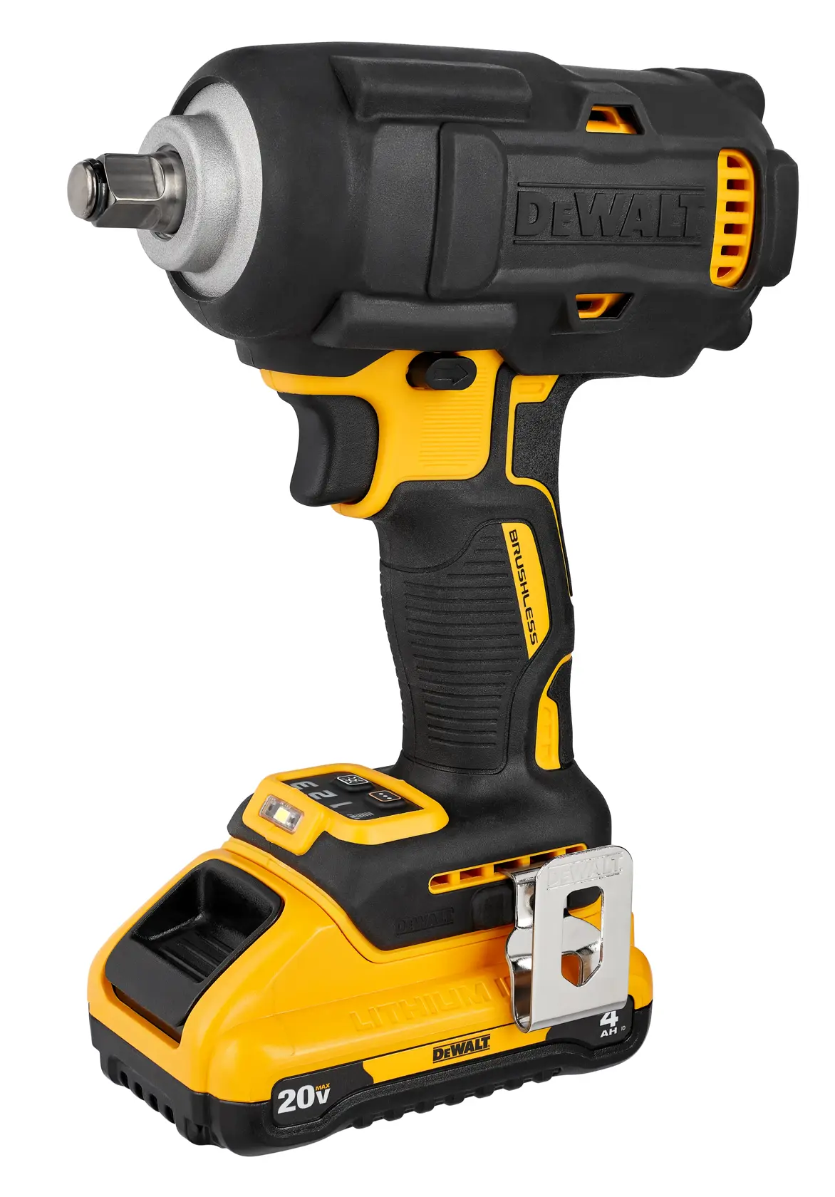 A person wearing gloves uses a DEWALT 20V XR cordless impact wrench to loosen a large rusty bolt on industrial piping. Below, text highlights 800 ft-lbs max breakaway torque and a yellow icon with arrows surrounding a hex nut.
