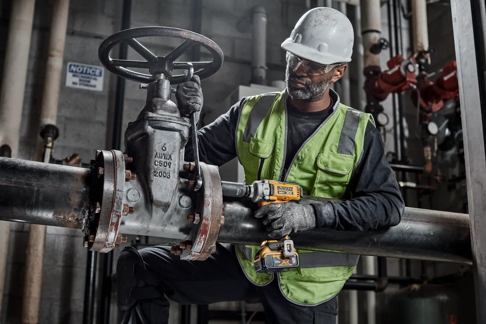 A worker wearing a safety vest, gloves, and helmet is using a DEWALT DCF892B cordless impact wrench to work on a large industrial valve attached to a metal pipe in a facility.