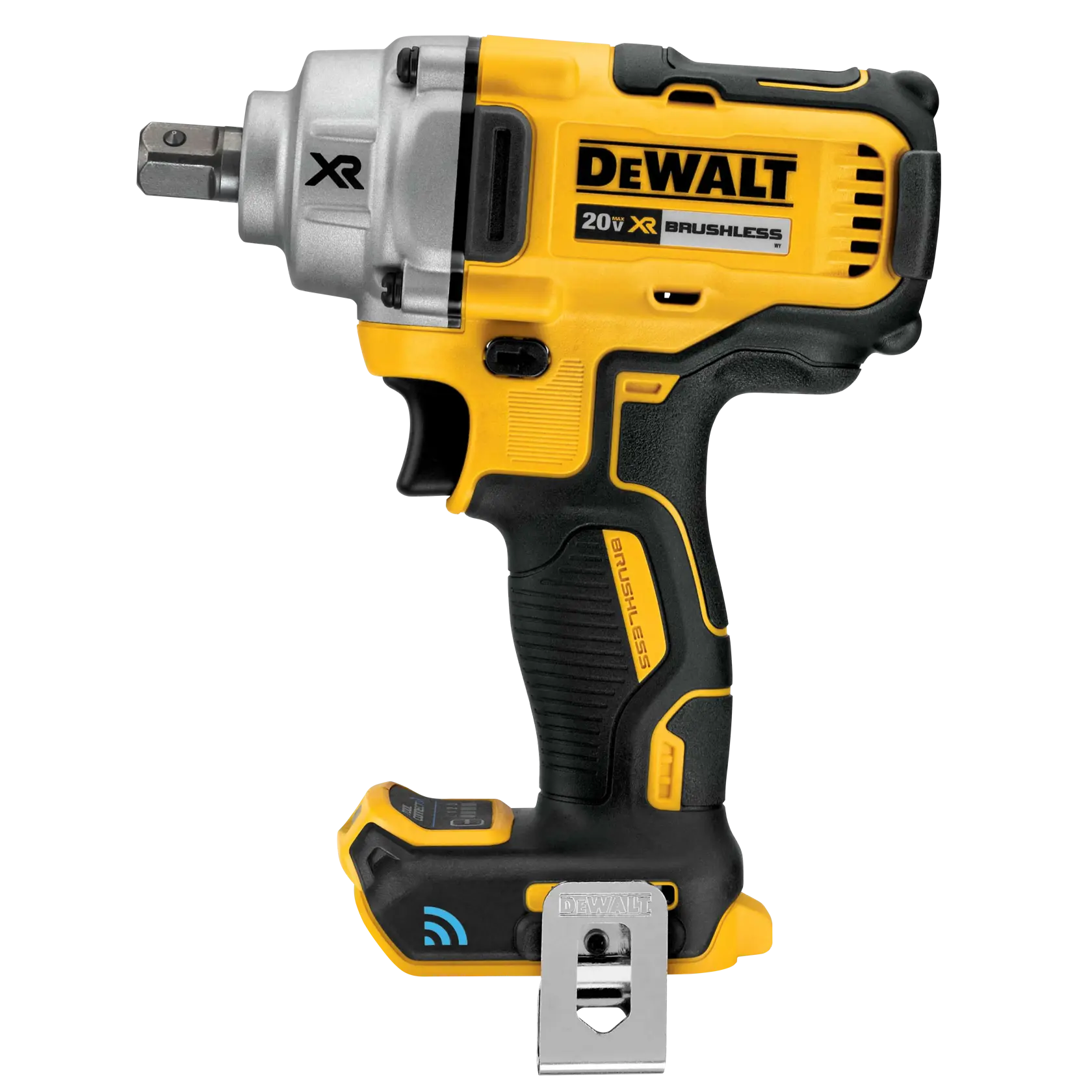 A DEWALT 20V XR Brushless cordless impact wrench tool, featuring a yellow and black design and a metal belt clip.