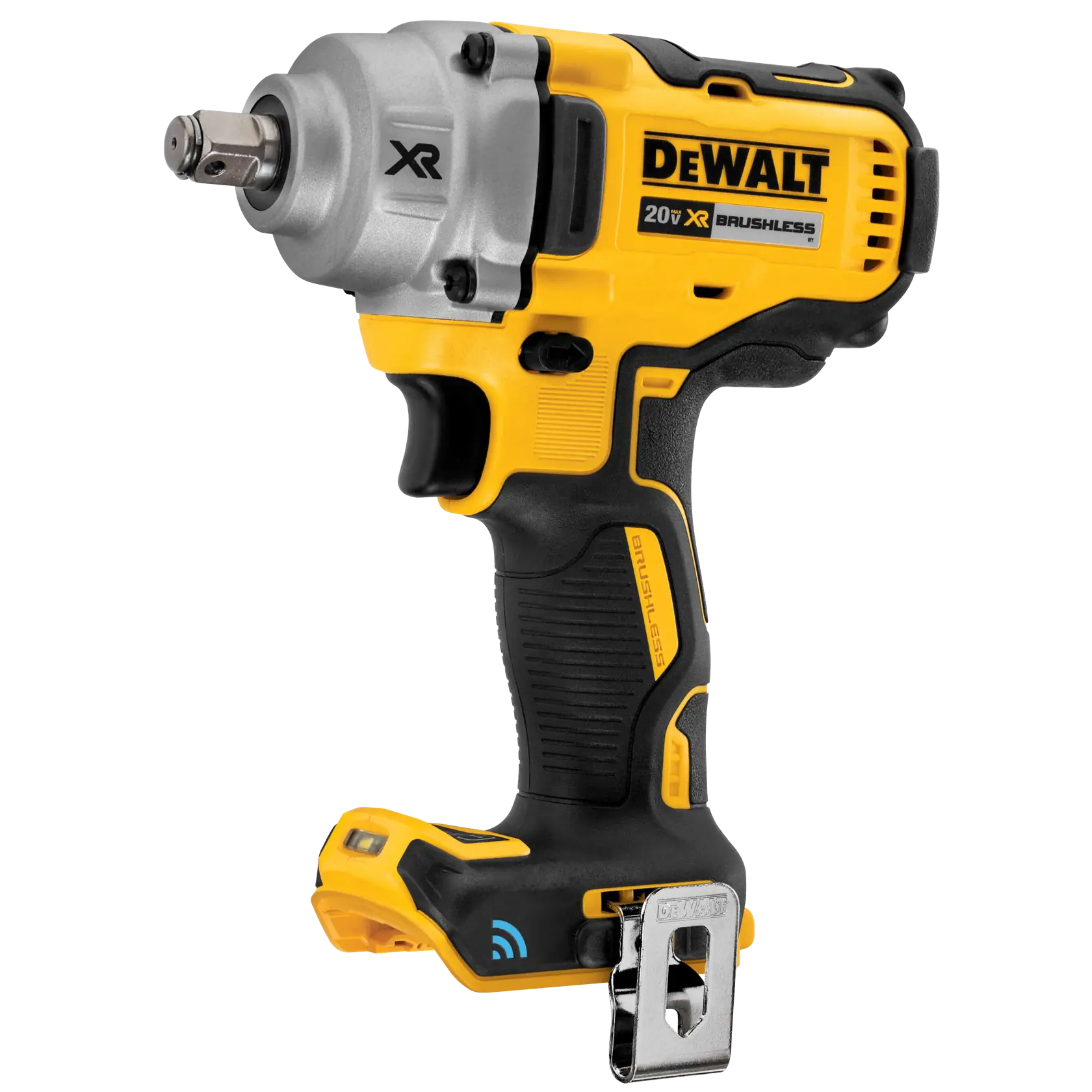 DEWALT 20V XR Brushless cordless impact wrench with yellow and black body, ergonomic handle, and metal belt clip, designed for heavy-duty fastening tasks.