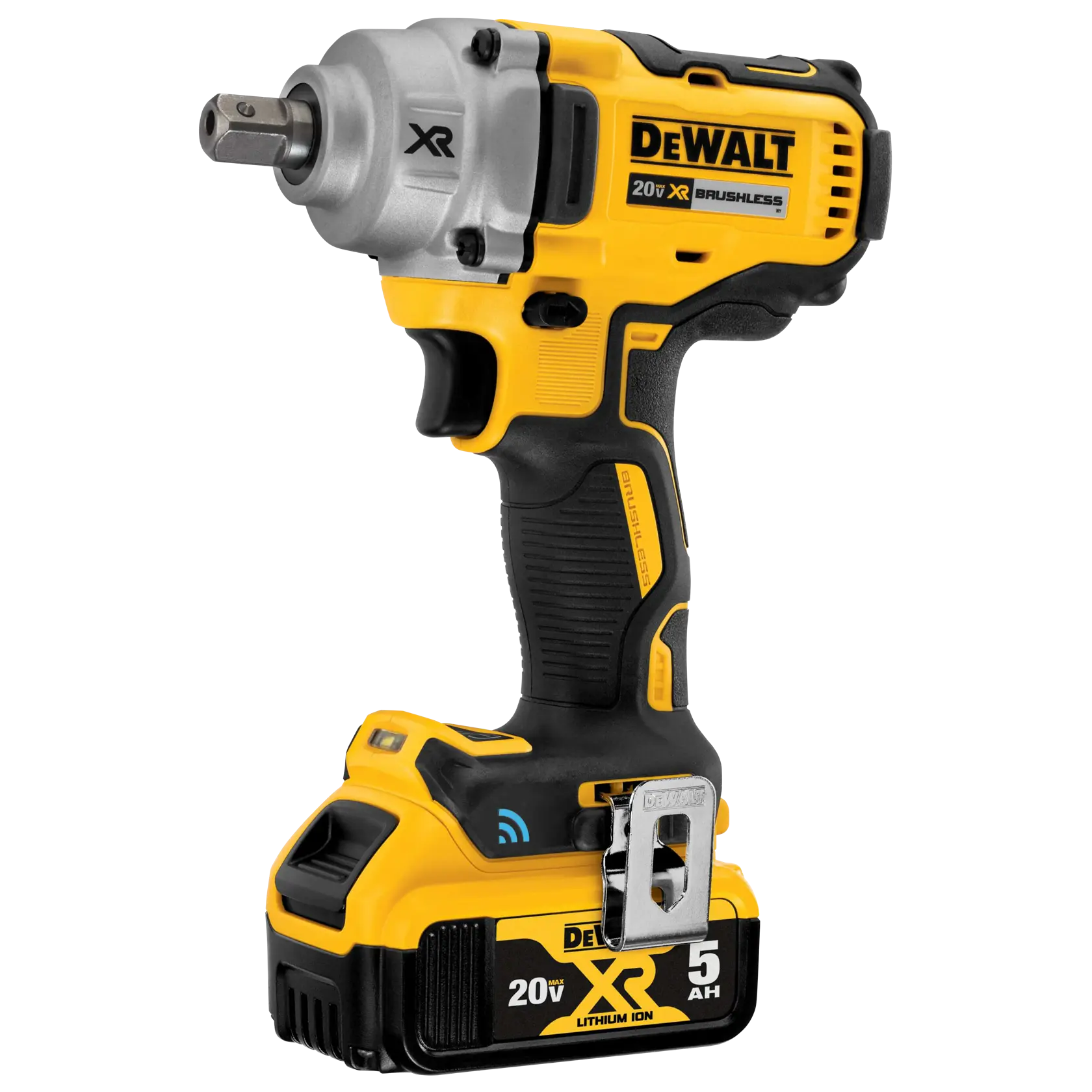 A DEWALT 20V XR brushless cordless impact wrench with a black and yellow design, equipped with a 5Ah lithium-ion battery.
