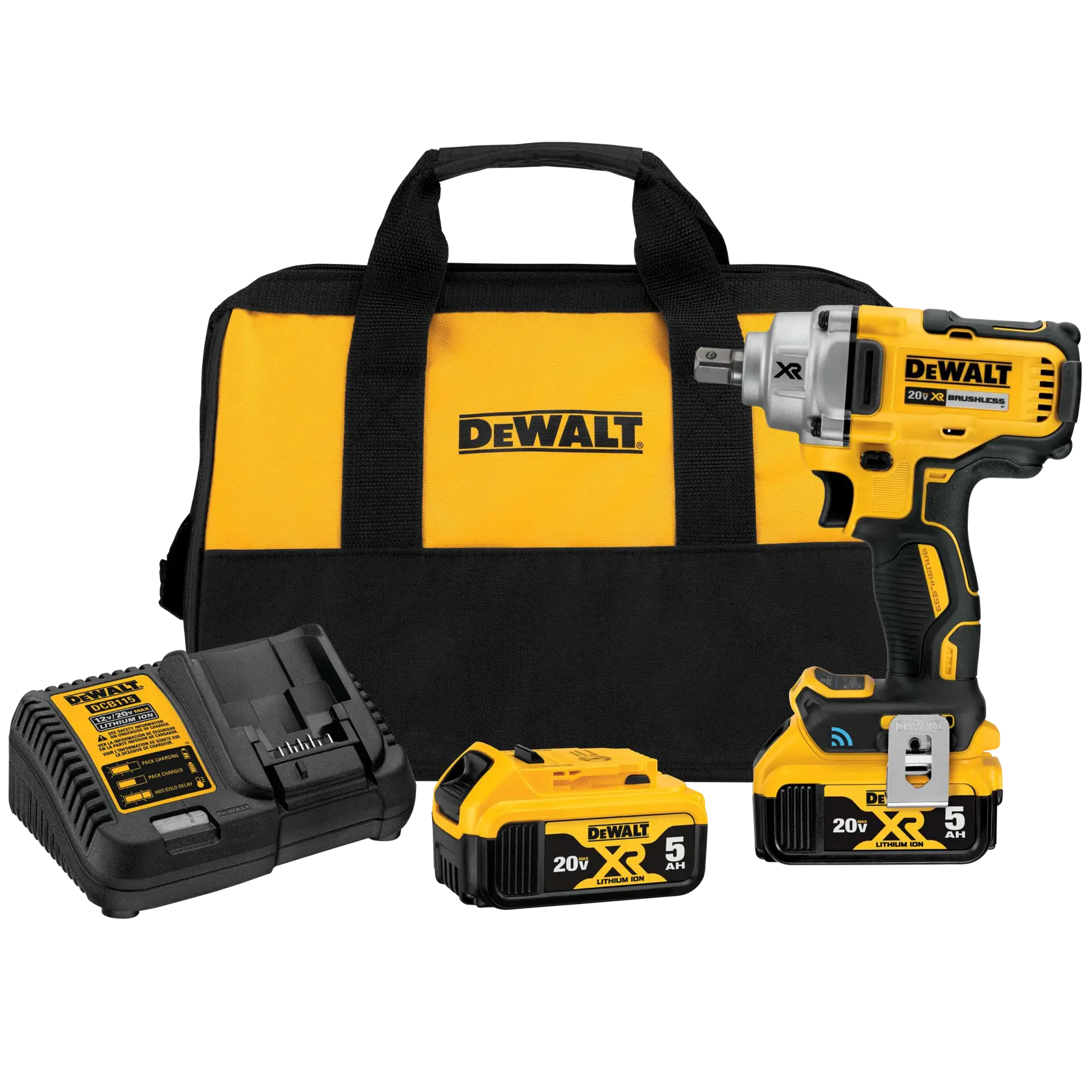 A DEWALT 20V XR cordless impact wrench kit with a yellow and black carrying bag, two lithium-ion 5.0Ah batteries, a charger, and the impact wrench tool.