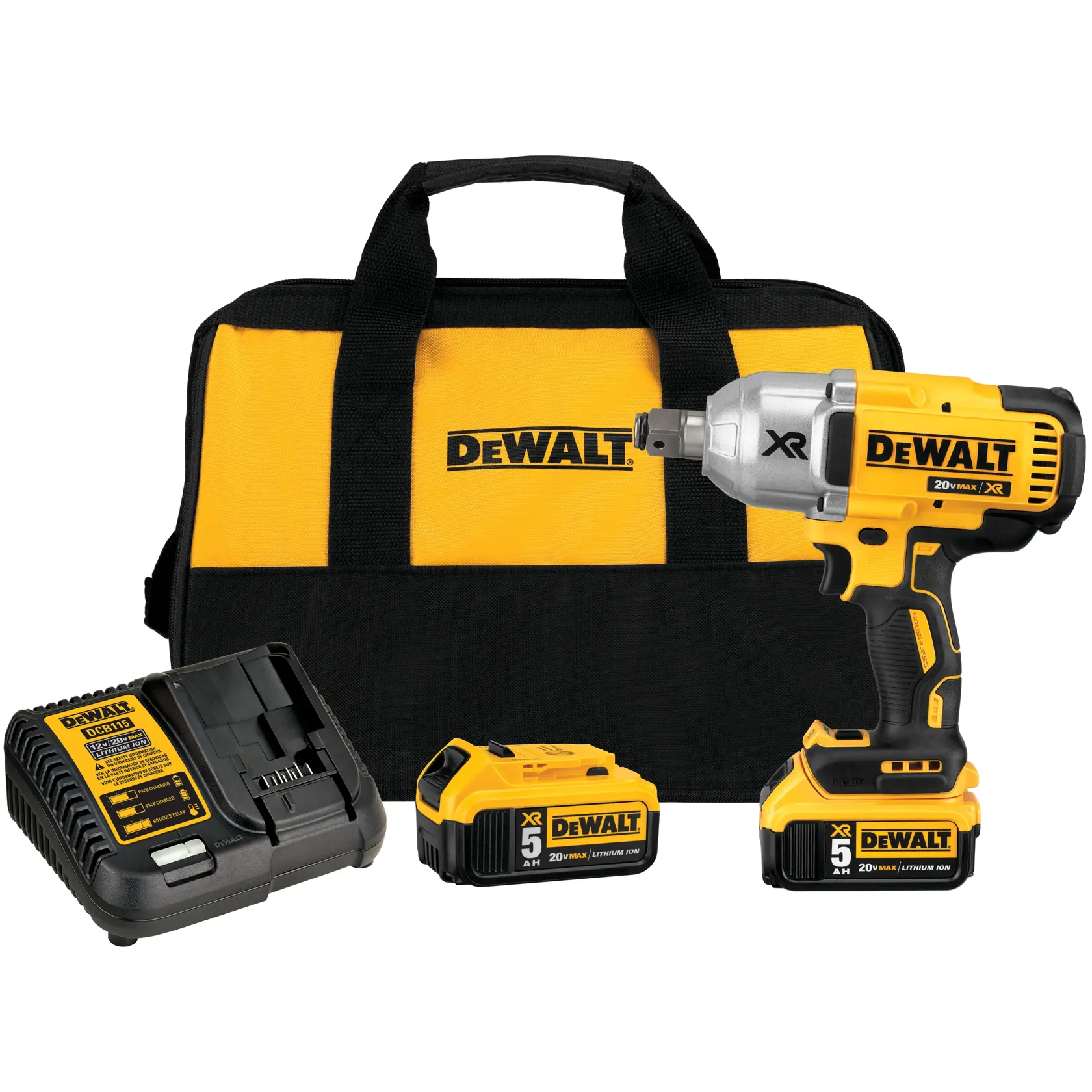 A DEWALT branded tool kit featuring a yellow and black cordless impact wrench, two rechargeable battery packs, a battery charger, and a yellow and black carrying bag with handles.