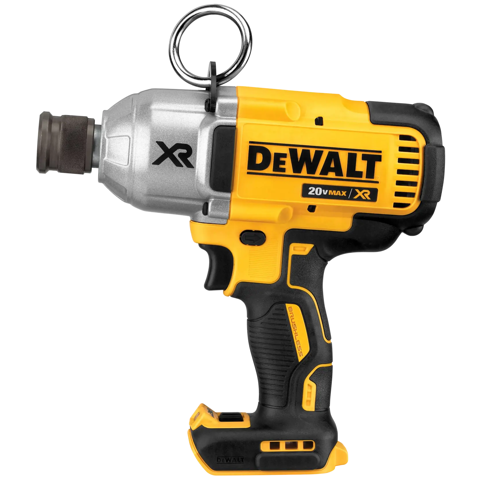 A DEWALT 20V MAX XR cordless impact wrench with a predominantly yellow and black design. The tool features a brushless motor, a metal ring near the top, and DEWALT branding on the side.