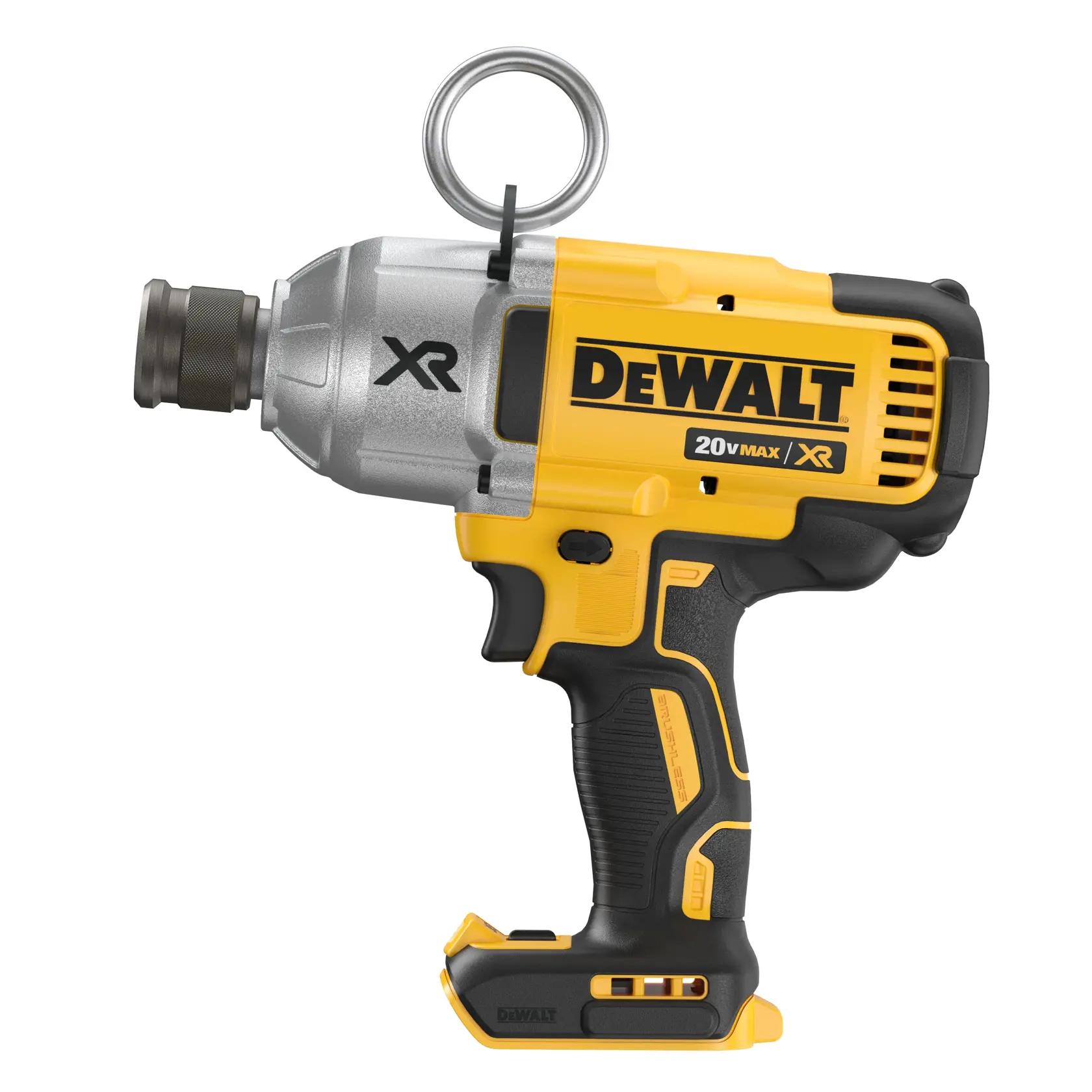 A yellow and black DEWALT 20V Max XR cordless impact wrench with a metal ring attached to the top. The tool features a pistol grip and branding on the side.