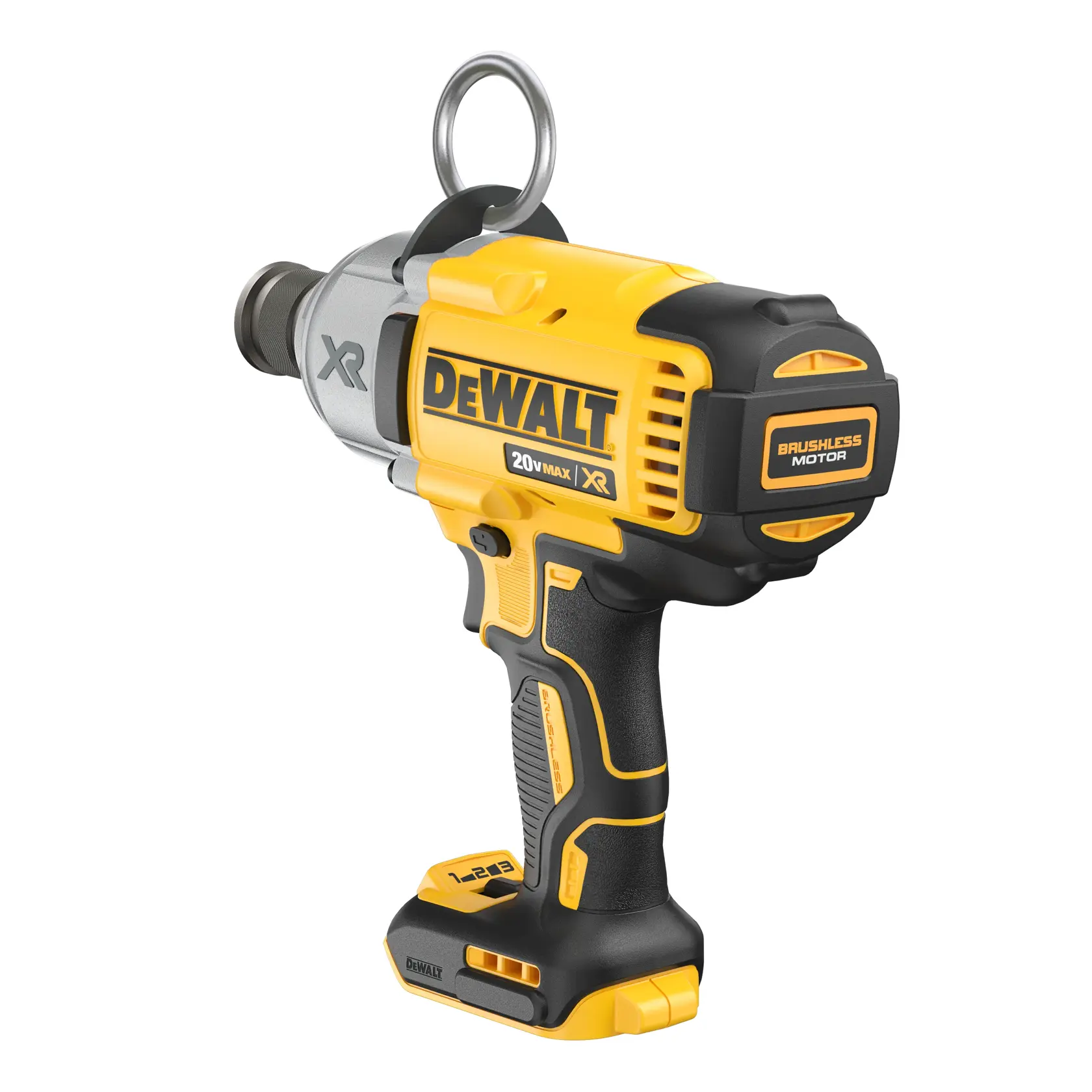 A DEWALT 20V MAX XR cordless impact wrench with a brushless motor, shown in yellow and black color, featuring a metal ring near the head and ergonomic handle design.