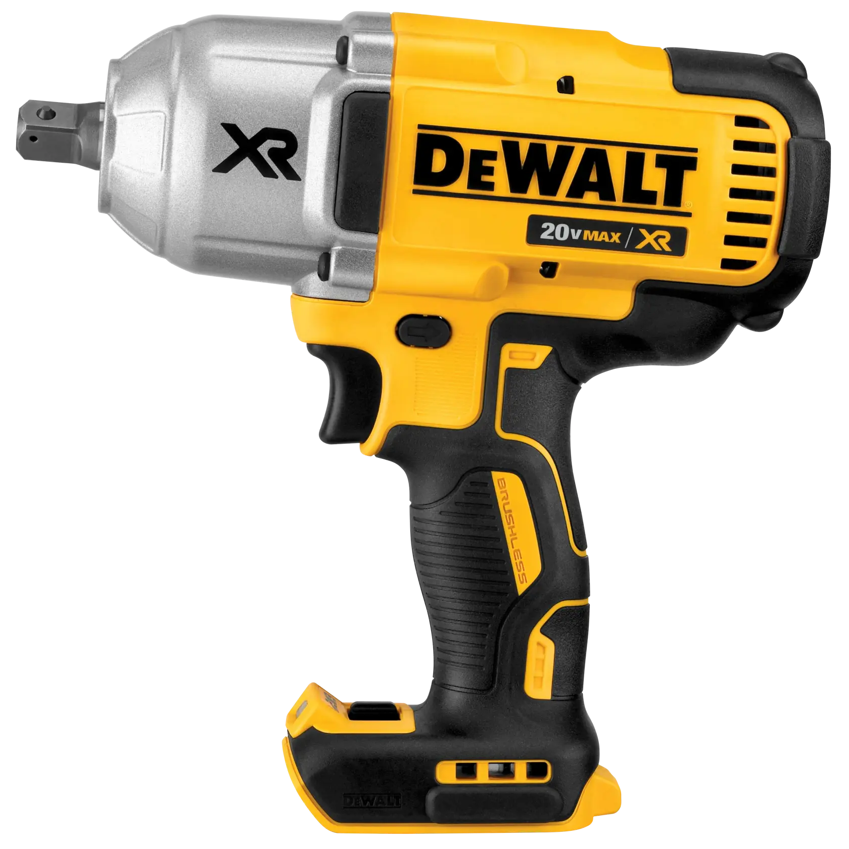 A yellow and black DEWALT 20V Max XR cordless impact wrench with a brushless motor. The tool features a compact, ergonomic design and has a metal front housing with XR branding.