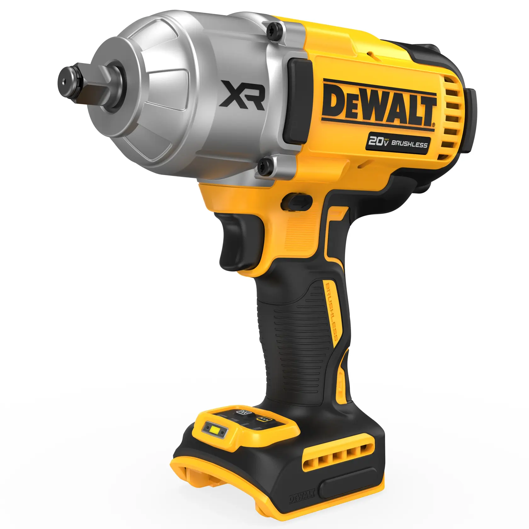 A close-up image of a DEWALT 20V Brushless XR cordless impact wrench with a yellow and black body, shown without the battery attached.