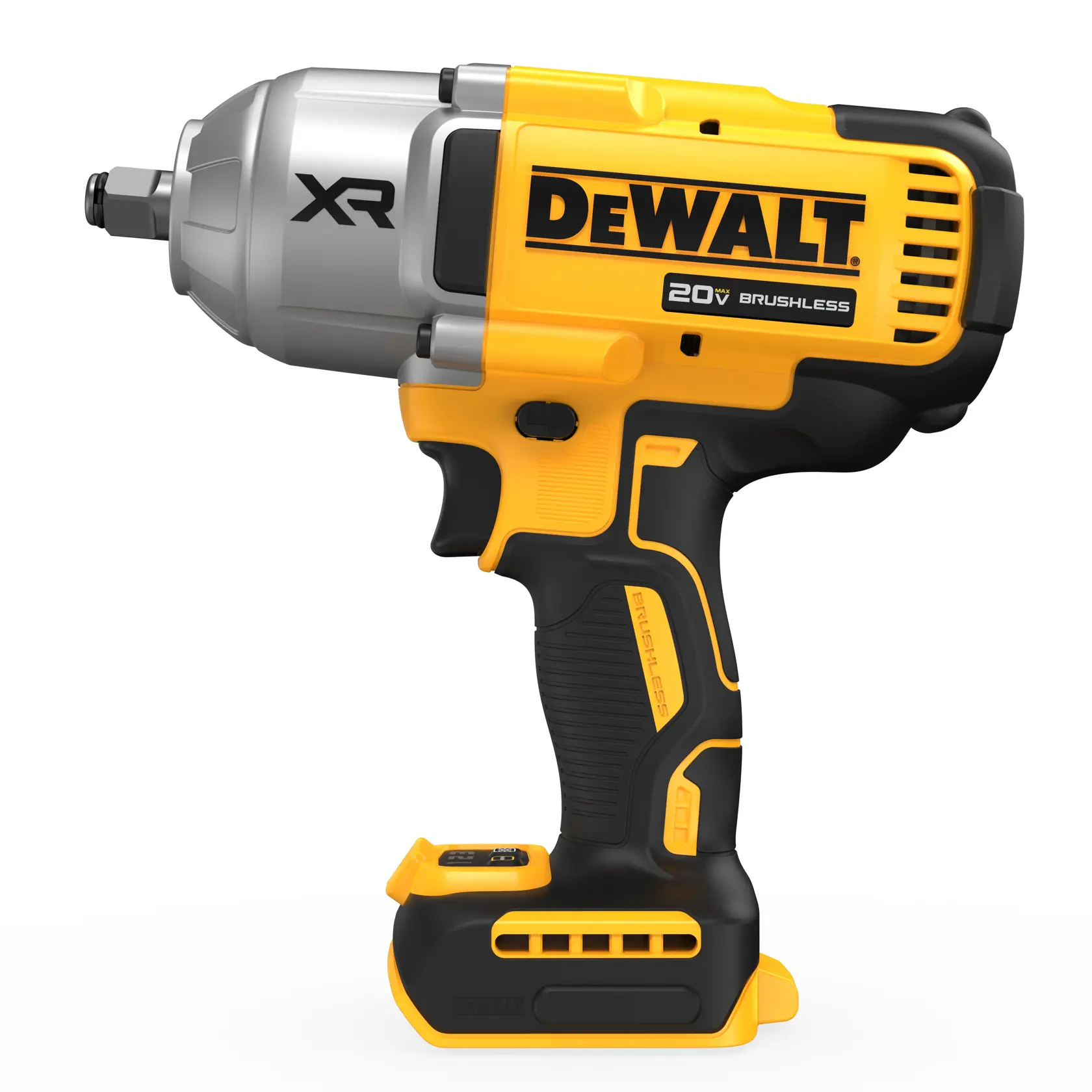 A DEWALT 20V XR brushless cordless impact wrench, featuring a yellow and black design, shown facing left against a white background.