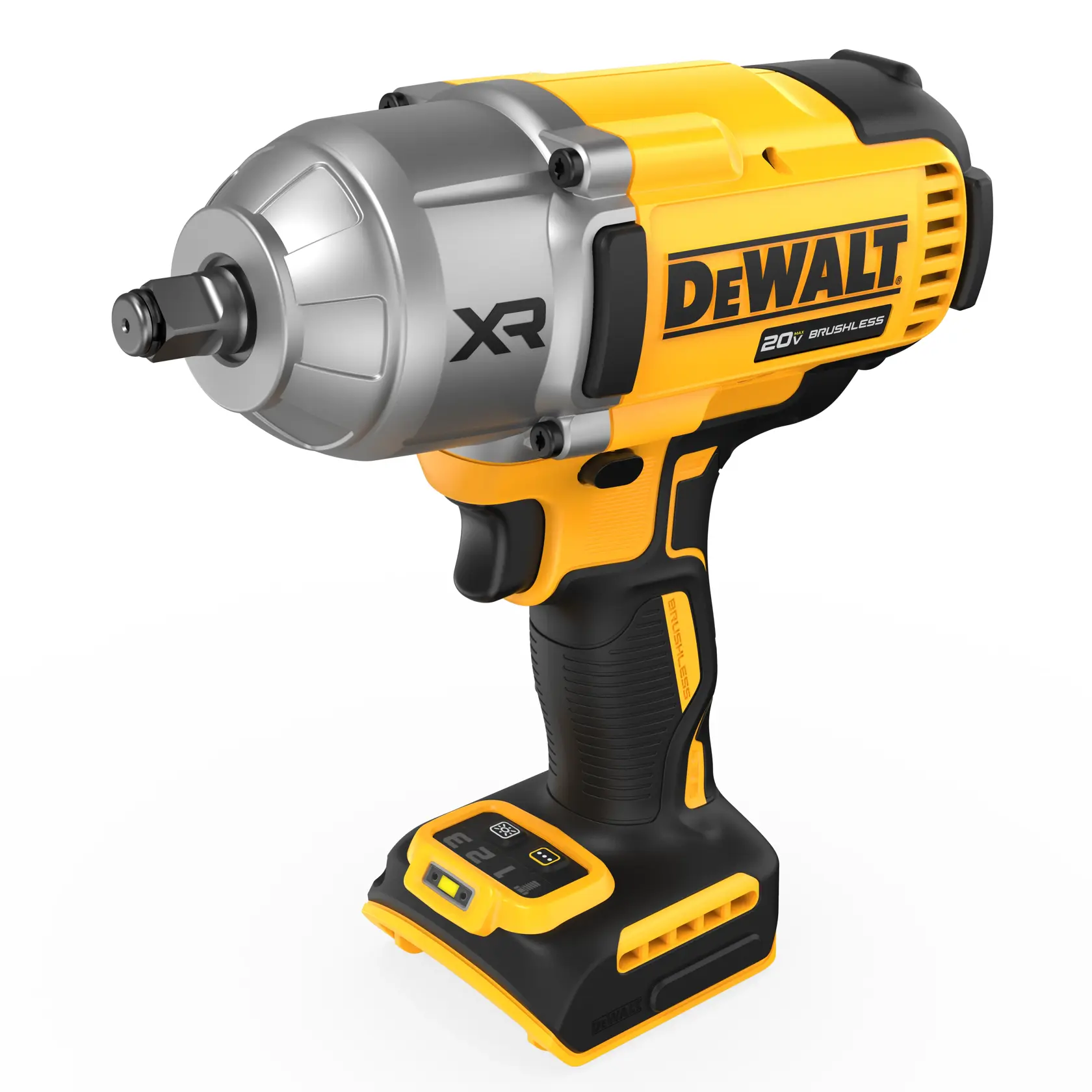 A DEWALT 20V XR brushless impact wrench, featuring a yellow and black design with a metallic head. The tool is shown without a battery and has a digital control panel at the base.