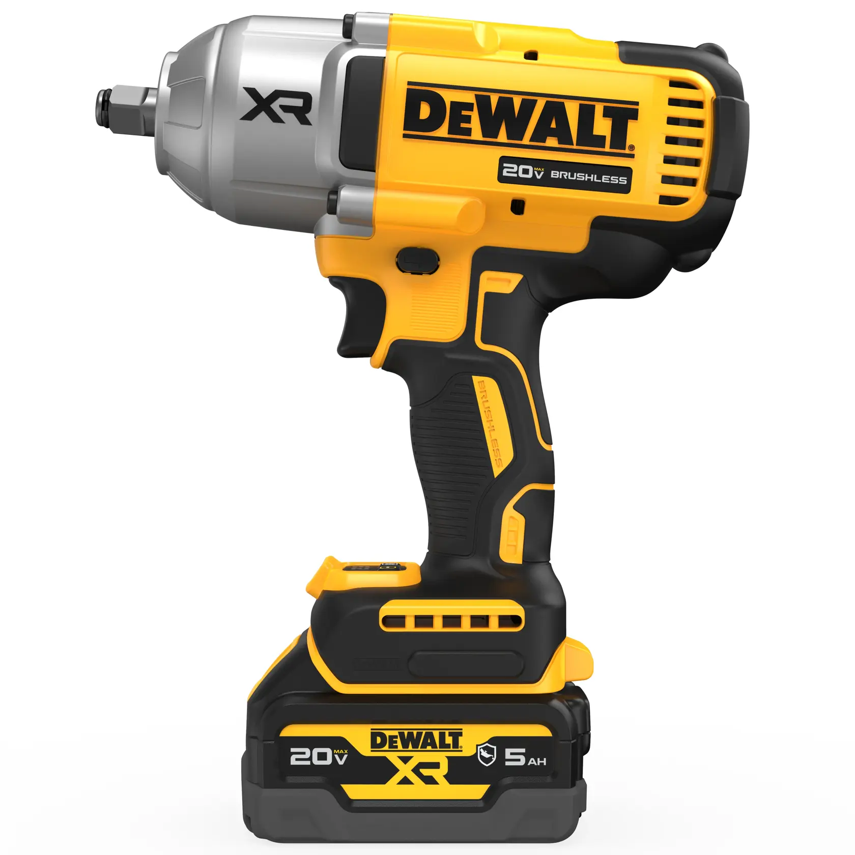 A DEWALT 20V XR Brushless cordless impact wrench with a yellow and black design. The tool has a large battery pack labeled 20V MAX XR 5 Ah at the base, and the DEWALT logo is prominently displayed on the side.