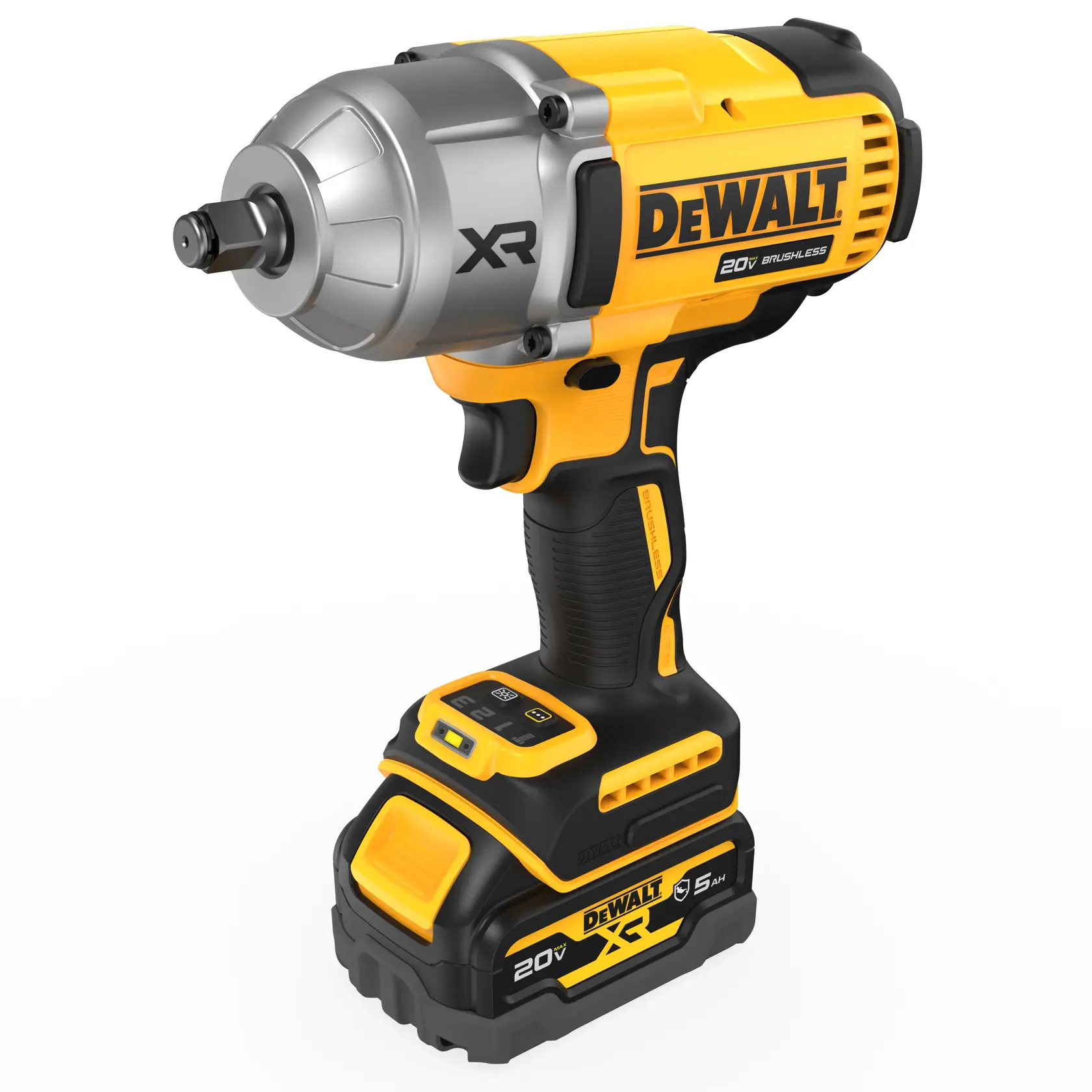 A DEWALT 20V XR cordless brushless impact wrench, featuring a bright yellow and black design, with the DEWALT logo prominently displayed. The tool has a sturdy ergonomic handle and a rechargeable battery at the base.