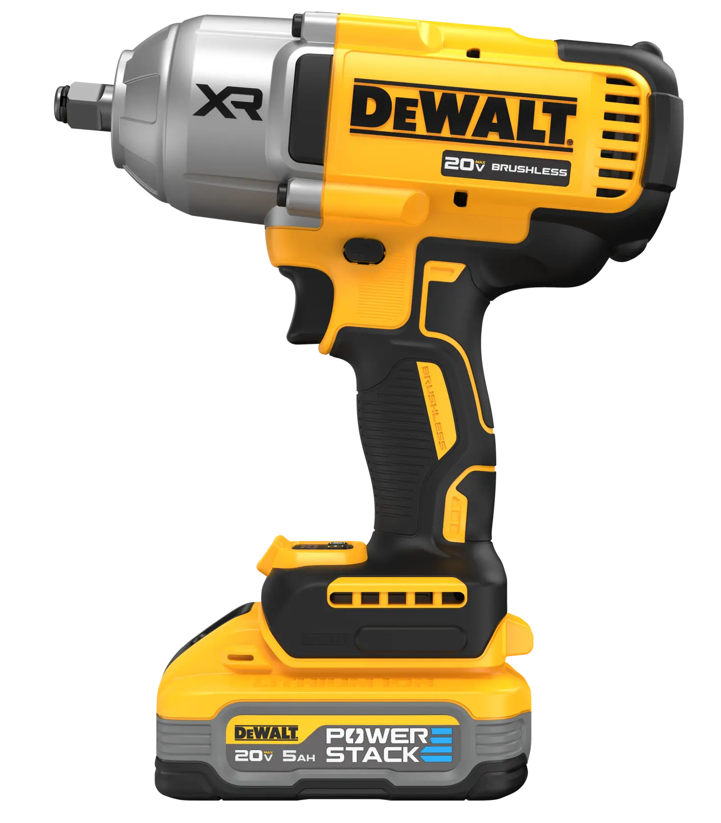 Impact wrench with DEWALT POWERSTACK five amp hour battery at a profile view