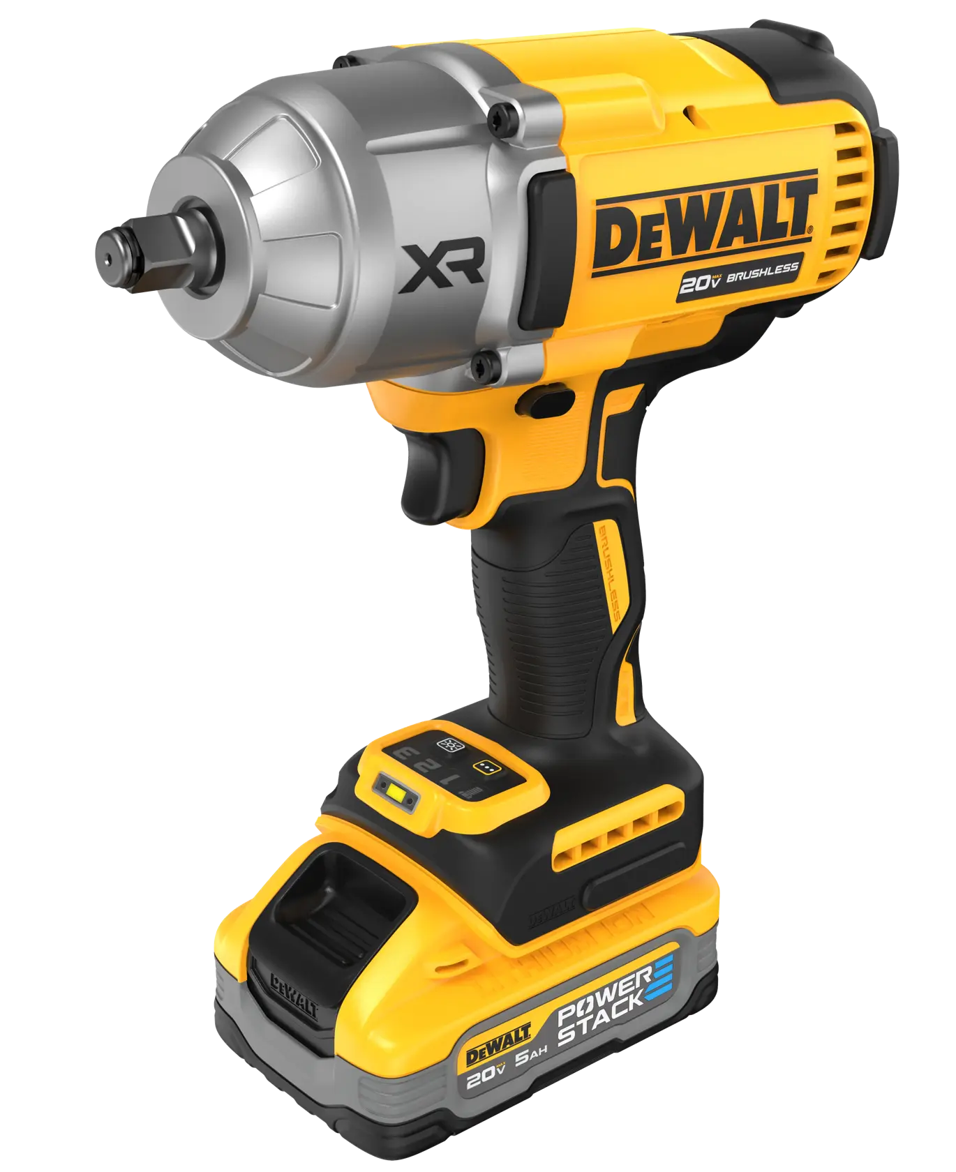 Impact wrench with DEWALT POWERSTACK five amp hour battery at a slight angle from above