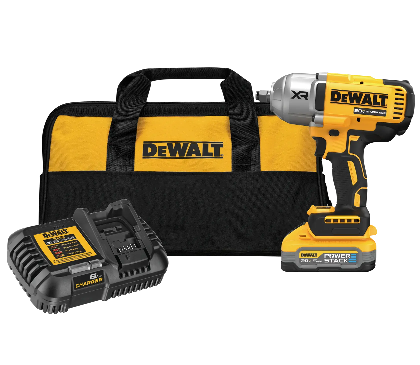 A DEWALT 20V XR brushless impact wrench kit, including a yellow and black cordless power tool, a DEWALT branded carrying bag, and a battery charger.