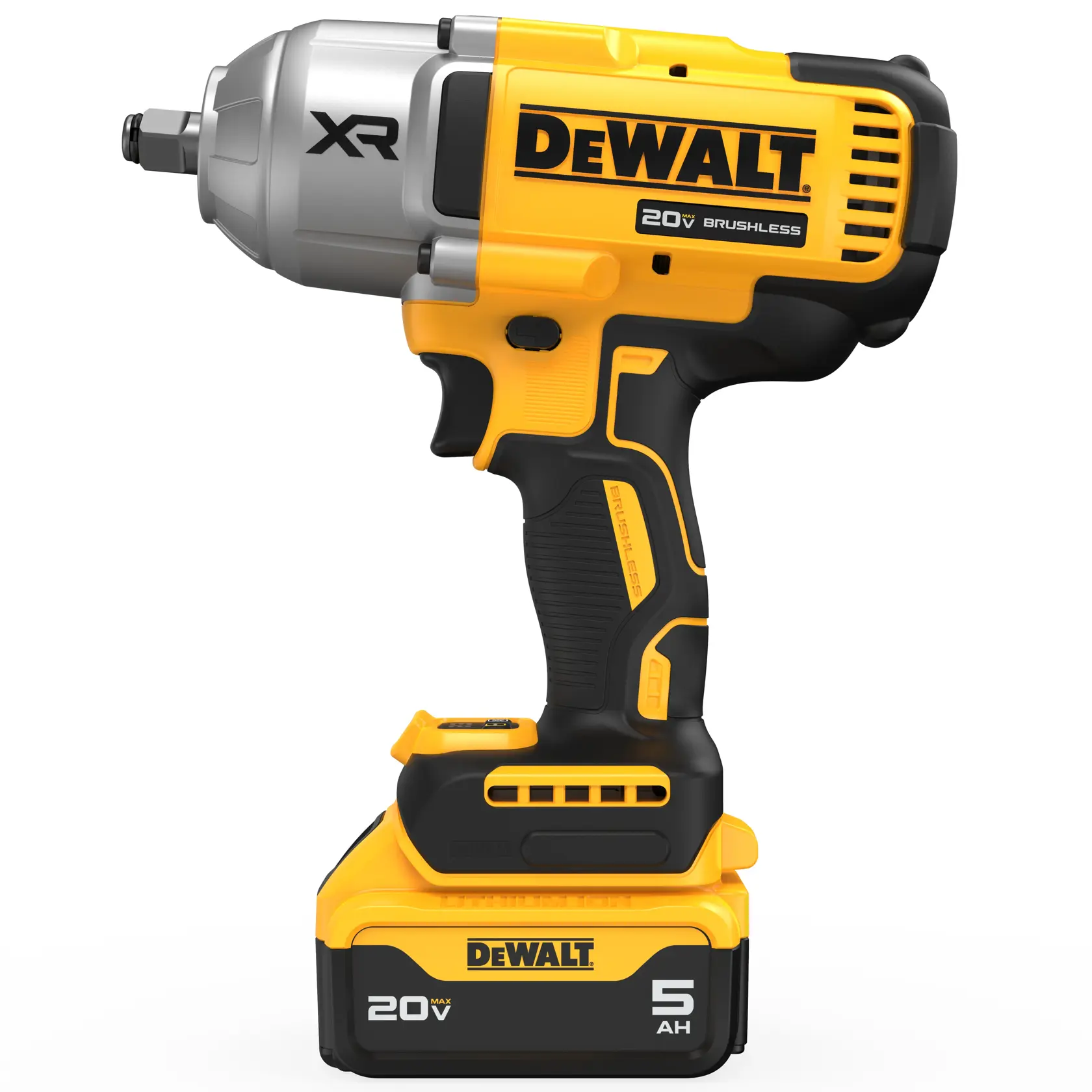 DEWALT 20V XR brushless cordless impact wrench with a yellow and black design, featuring a 5Ah battery pack attached at the base.