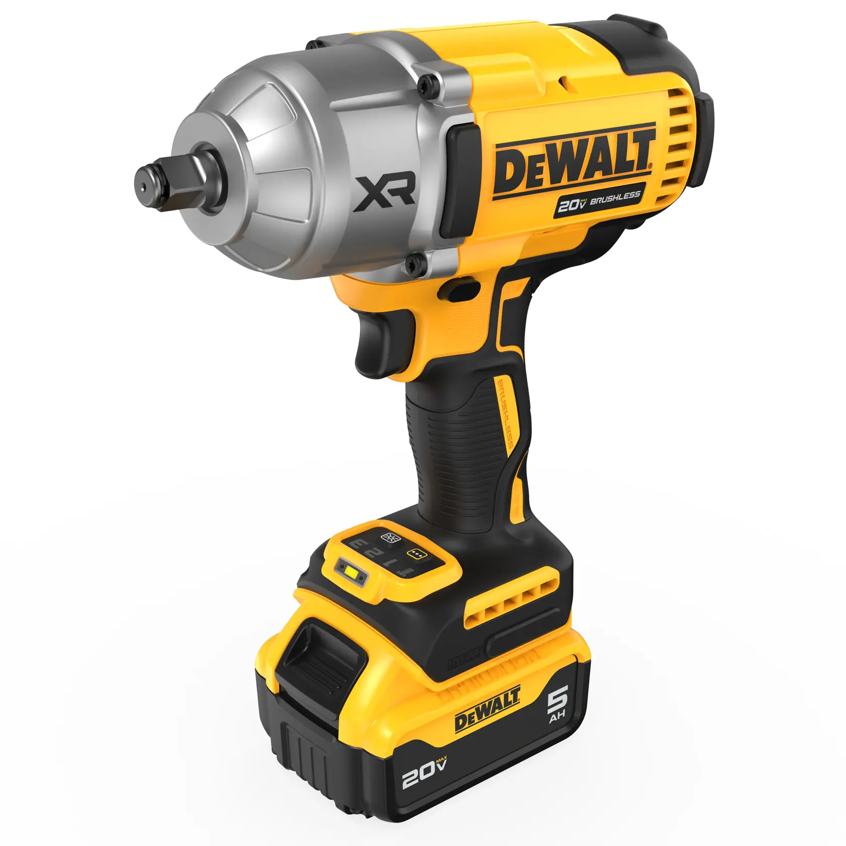 A DEWALT 20V brushless cordless impact wrench with a yellow and black design, XR marking on the metal head, and a rechargeable battery attached at the base, photographed on a white background.