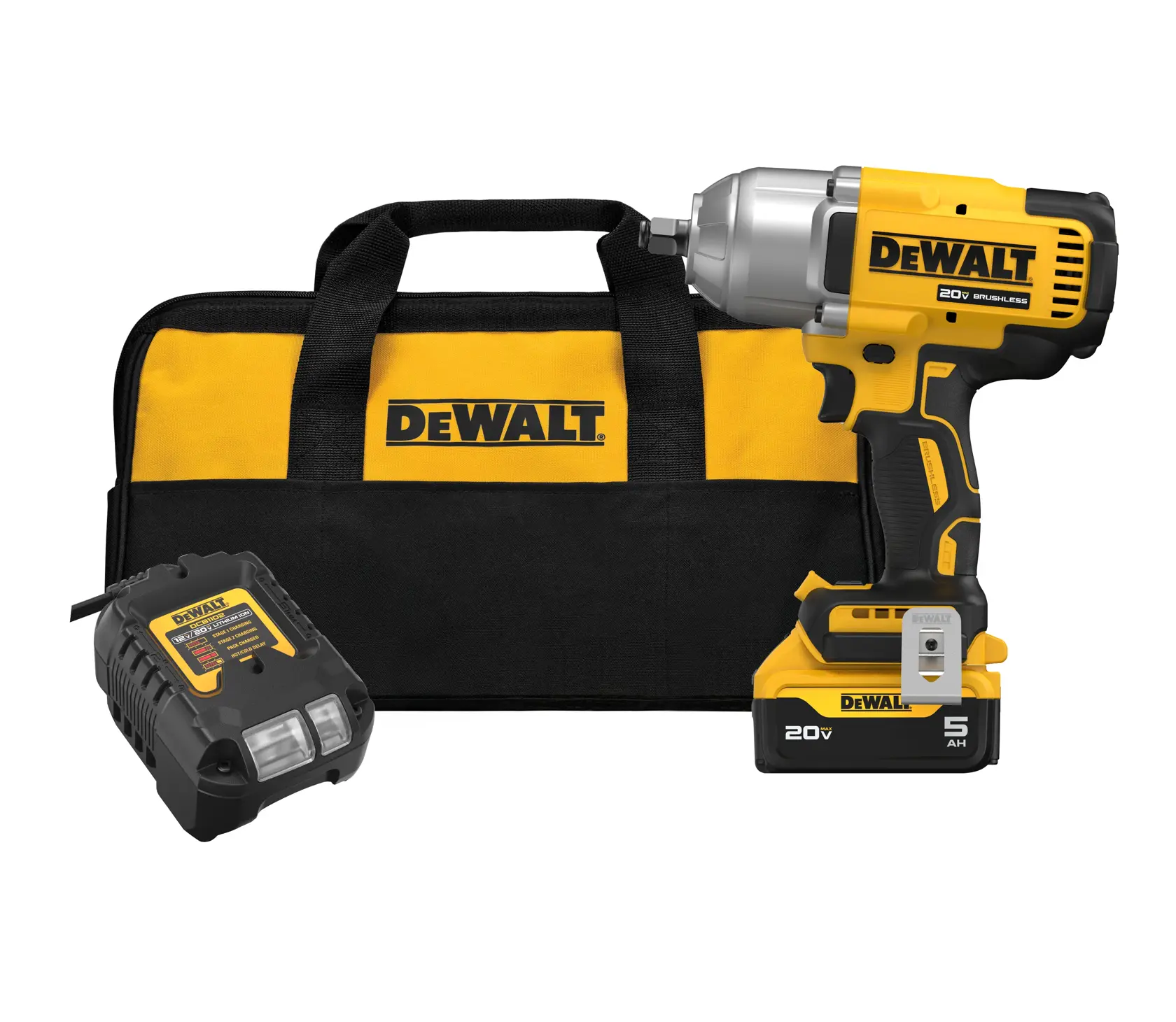 A DEWALT 20V brushless cordless impact wrench kit, including a yellow and black tool bag, battery charger, and impact wrench with battery attached.