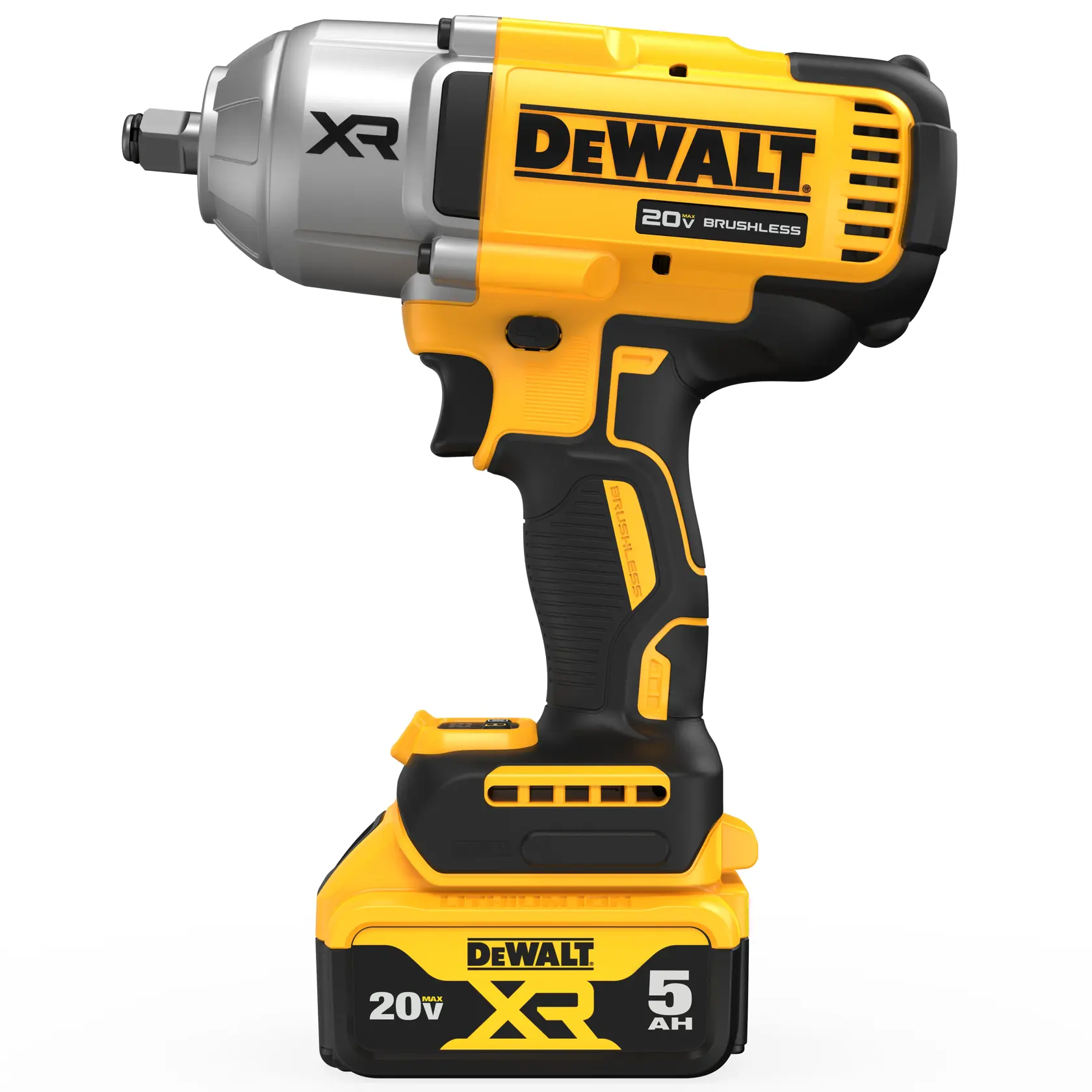 A DEWALT 20V XR brushless cordless impact wrench with a yellow and black design, a 5Ah battery attached at the base, and ergonomic handle, shown against a white background.