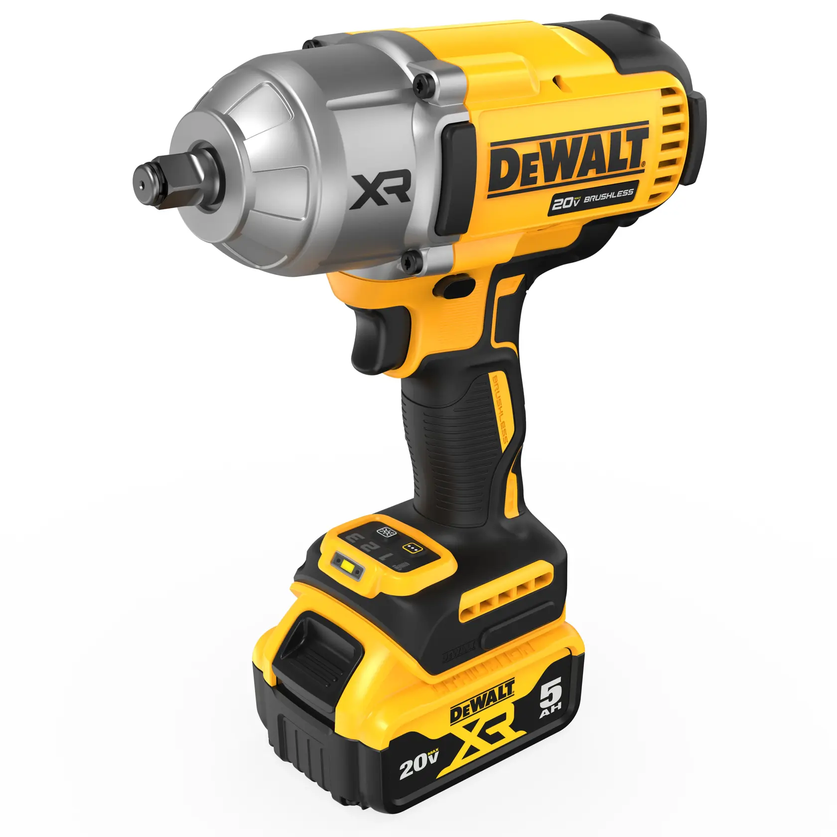 A yellow and black DEWALT 20V XR brushless cordless impact wrench with a 5.0 Ah lithium-ion battery attached, shown against a white background.