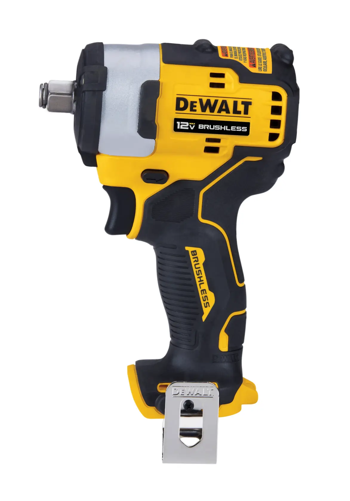 A DEWALT 12V brushless cordless impact wrench, predominantly yellow and black in color, with a metal belt clip attached to the base of the handle.