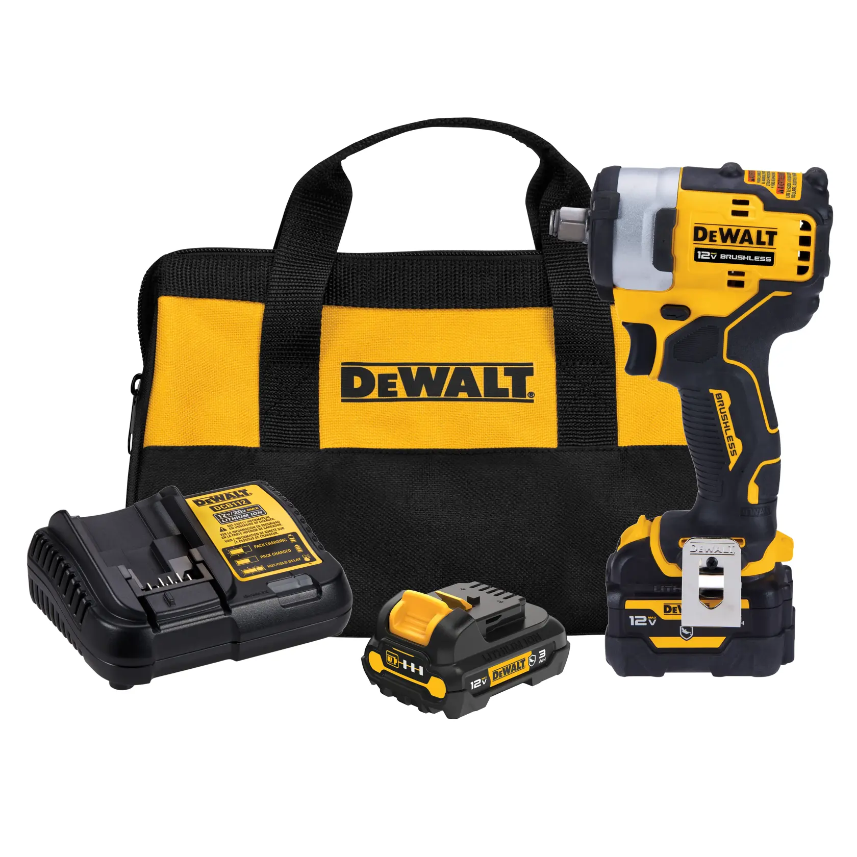 DEWALT cordless impact wrench kit including a 12V brushless impact wrench, a battery, a charger, and a black and yellow carrying bag with DEWALT logo.