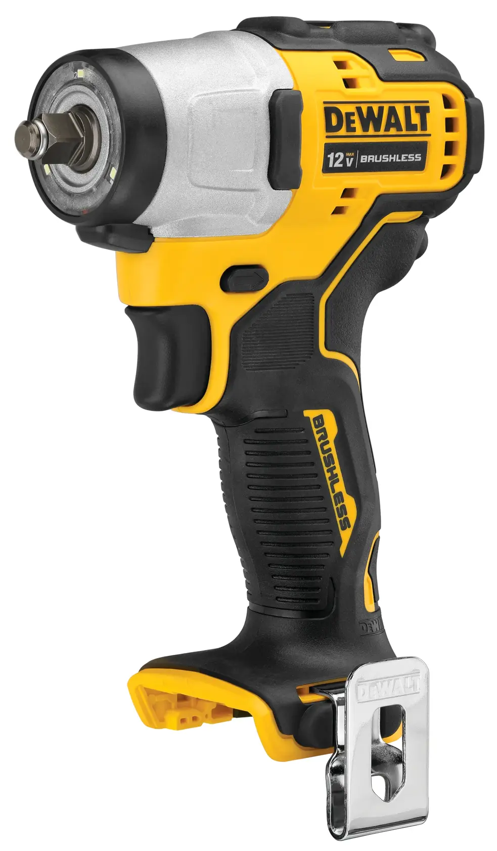 A DEWALT 12V brushless cordless impact wrench with a black and yellow body, metal head, and belt clip, shown against a white background.