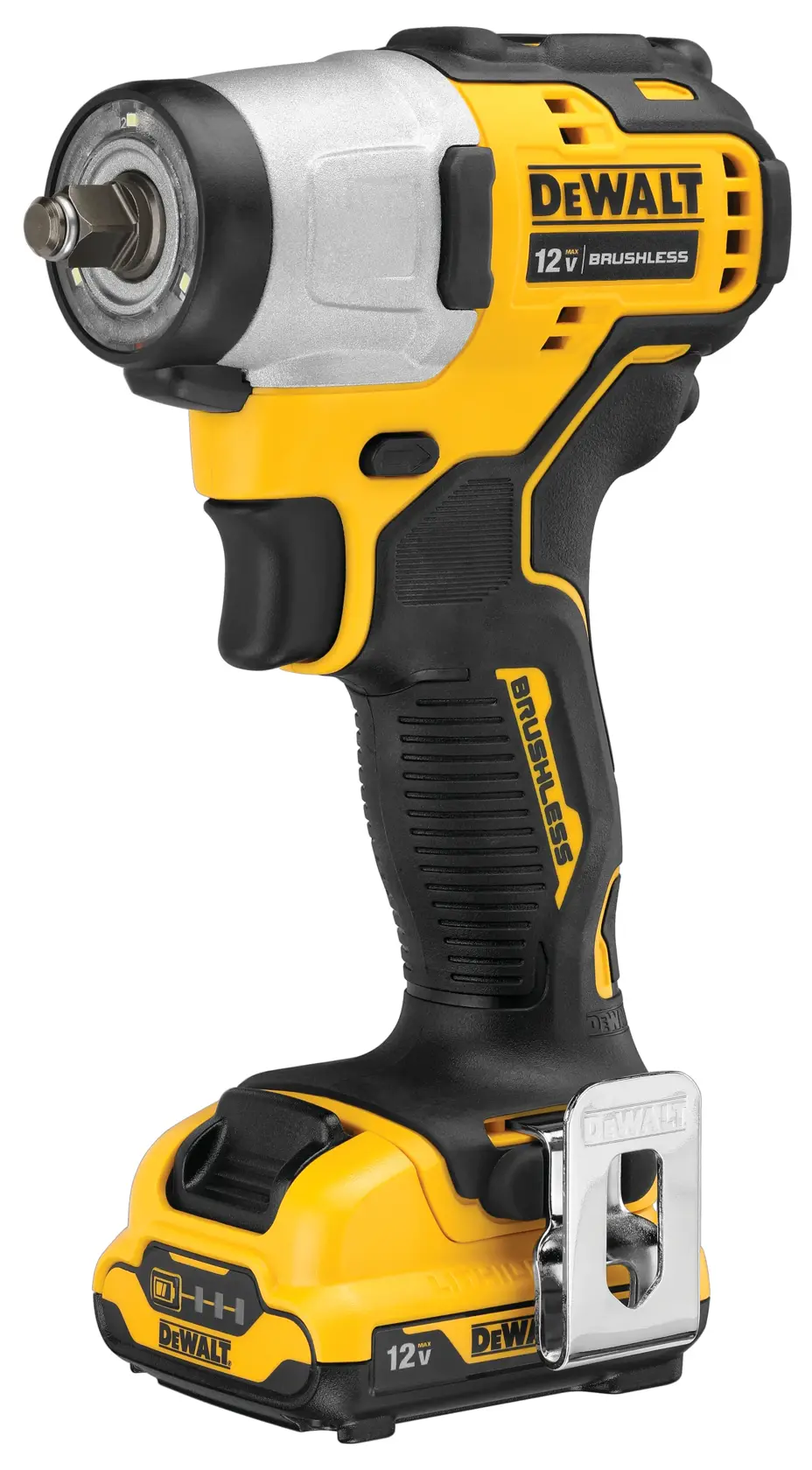 A DEWALT 12V cordless brushless impact driver with yellow and black design, shown standing upright with a belt clip attached.