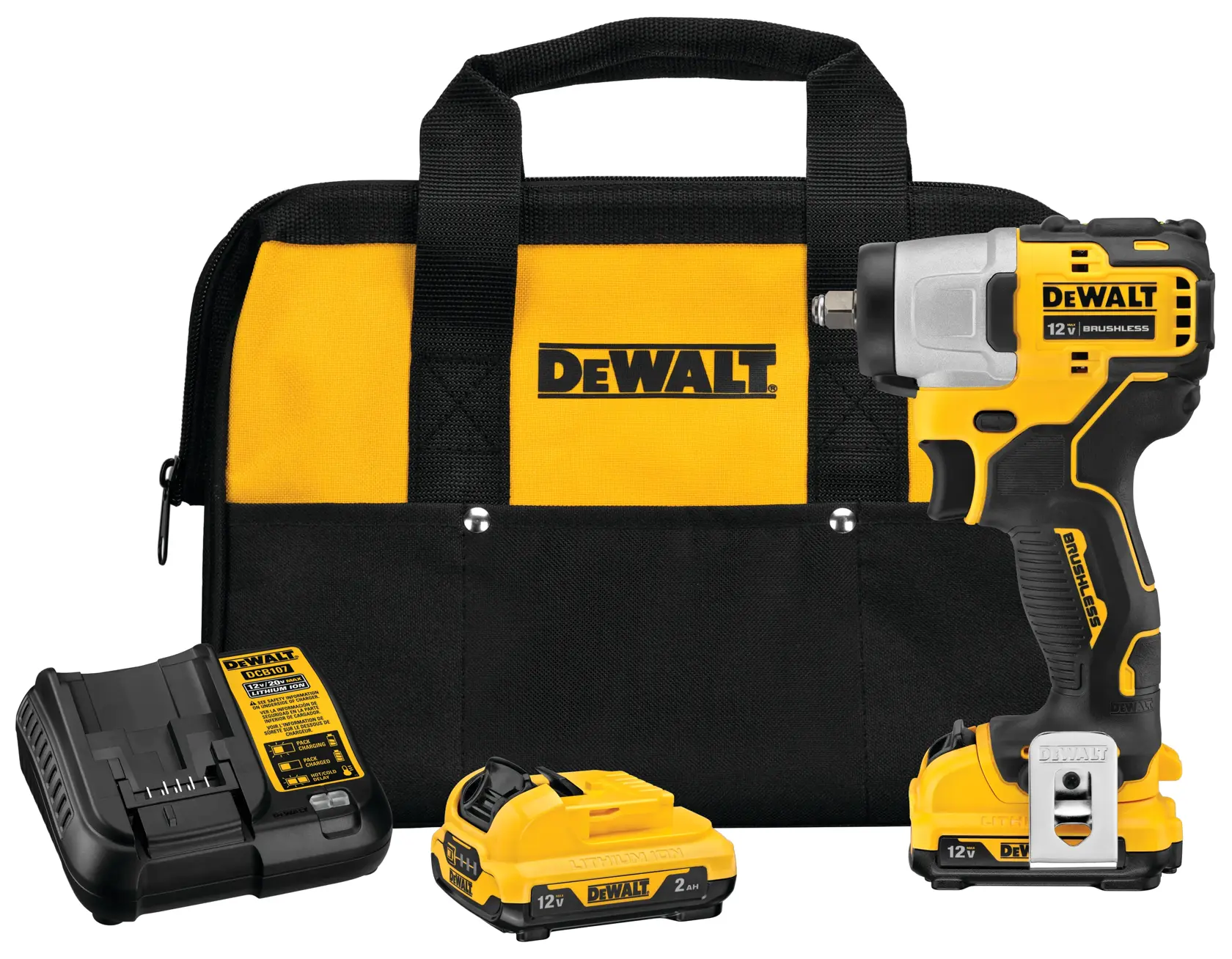 DEWALT 12V cordless impact wrench kit including a tool bag, charger, two batteries, and the impact wrench.