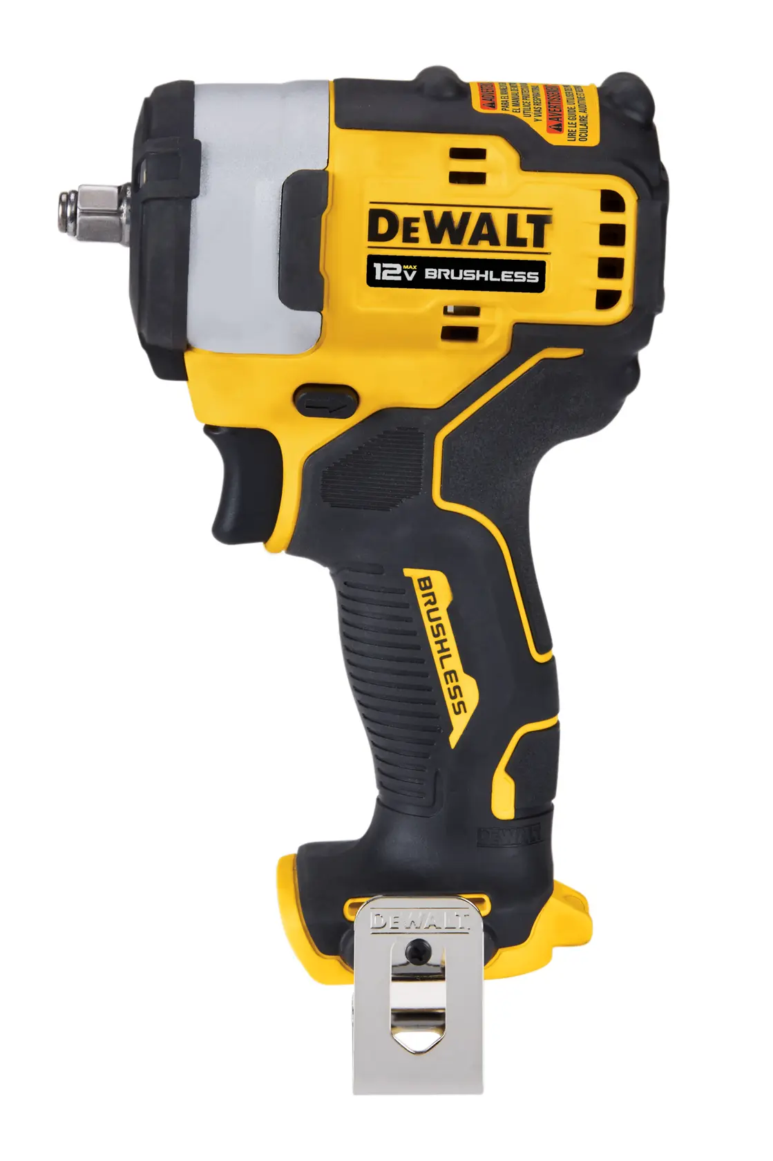 A DEWALT 12V brushless cordless impact wrench, black and yellow in color, shown in a side view.