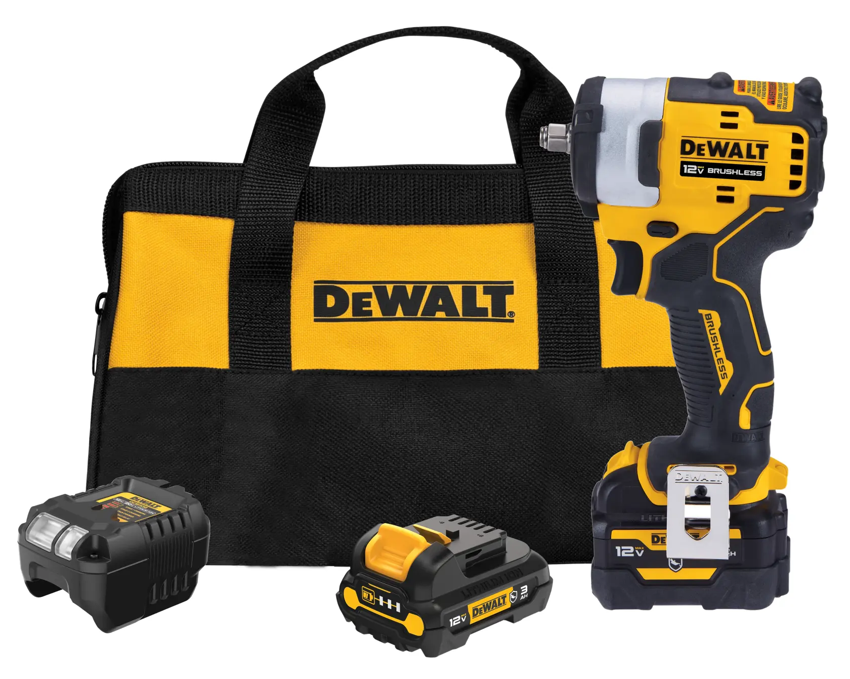 A DeWalt 12V brushless cordless impact wrench set is shown, including a yellow and black impact wrench, two rechargeable batteries, a battery charger, and a yellow and black carrying bag with a DeWalt logo.