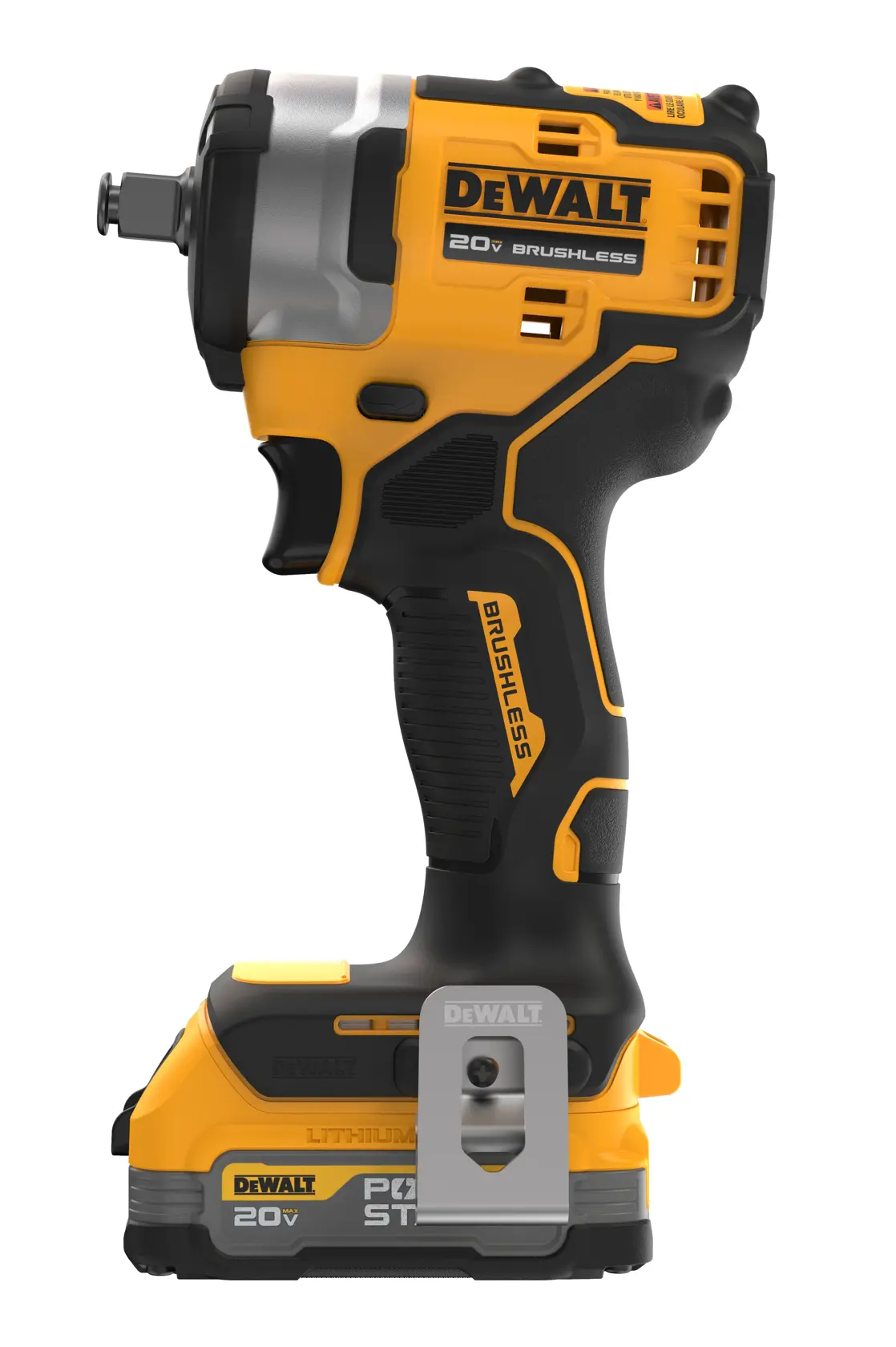 A DEWALT 20V brushless cordless impact wrench featuring a yellow and black design, shown upright with a lithium-ion battery attached at the base.