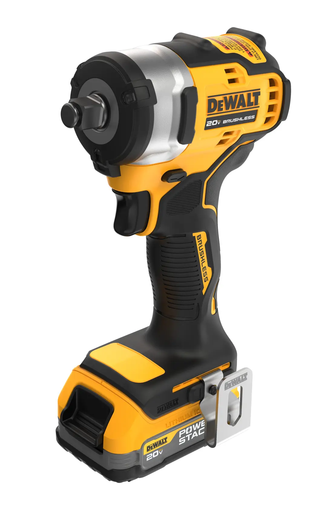 A DEWALT 20V brushless cordless impact wrench with a Power Stack battery, shown standing upright against a white background.